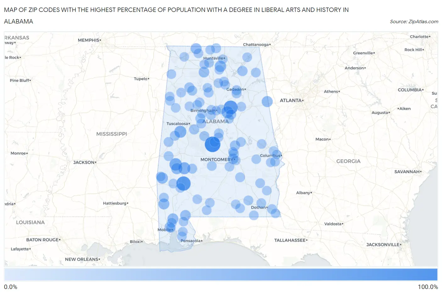 Zip Codes with the Highest Percentage of Population with a Degree in Liberal Arts and History in Alabama Map