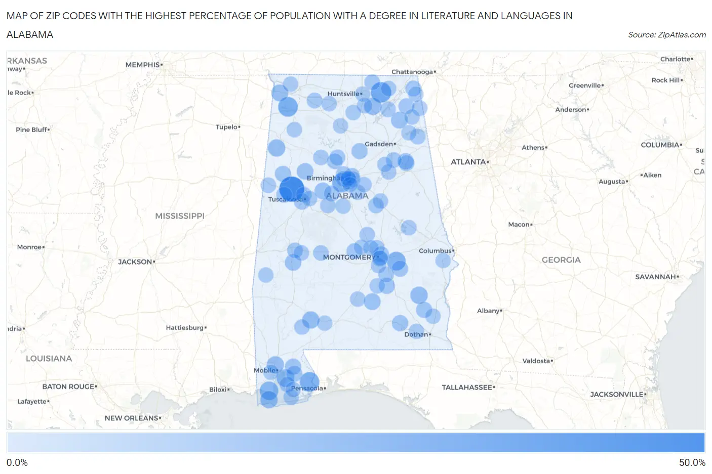 Zip Codes with the Highest Percentage of Population with a Degree in Literature and Languages in Alabama Map