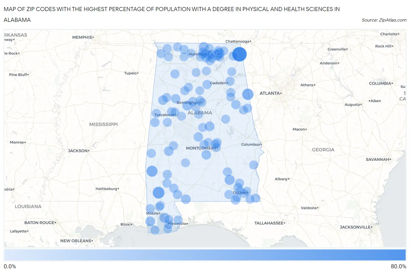 Zip Codes with the Highest Percentage of Population with a Degree in Physical and Health Sciences in Alabama Map