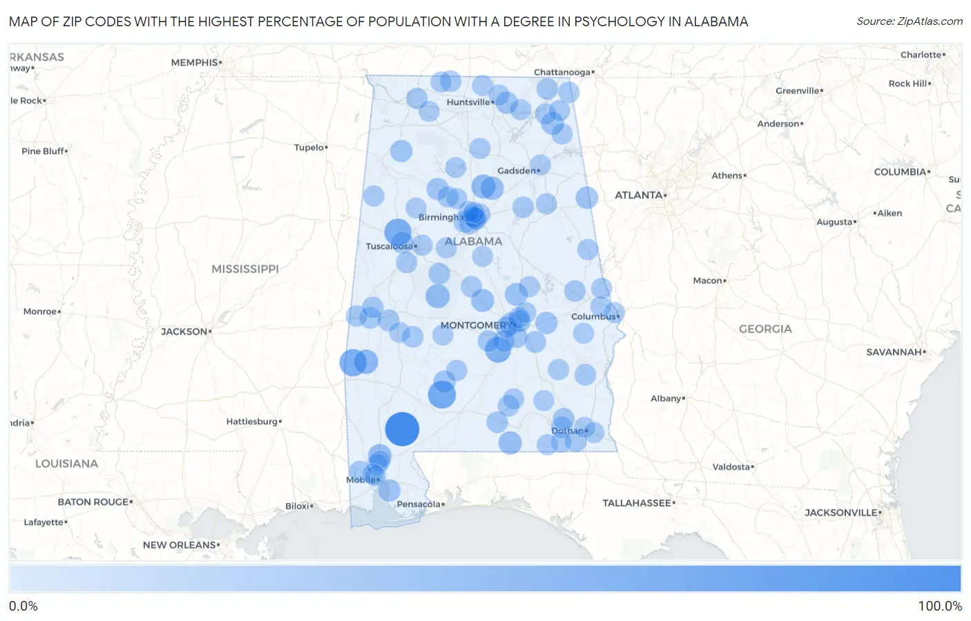 Zip Codes with the Highest Percentage of Population with a Degree in Psychology in Alabama Map