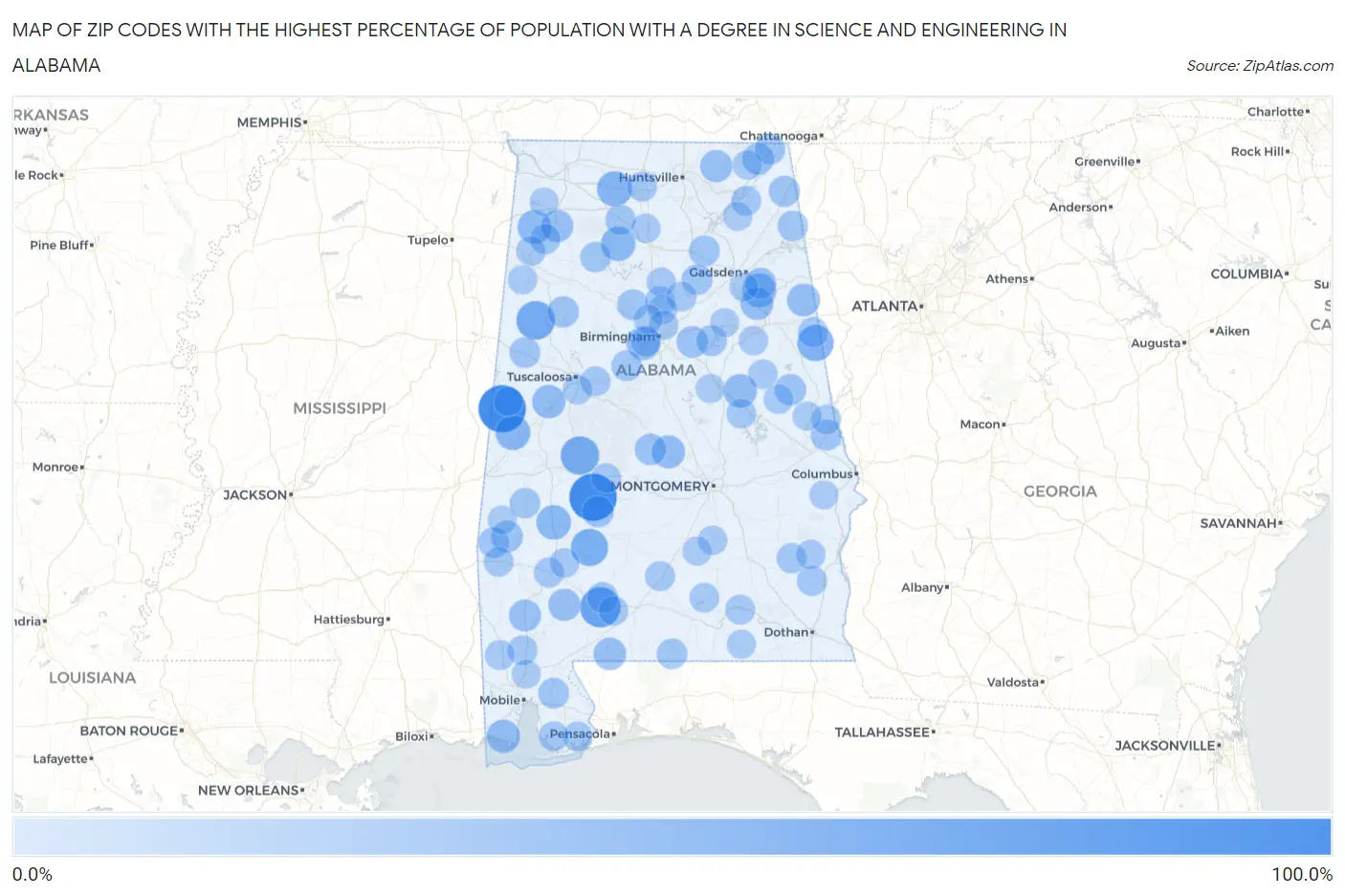 Zip Codes with the Highest Percentage of Population with a Degree in Science and Engineering in Alabama Map