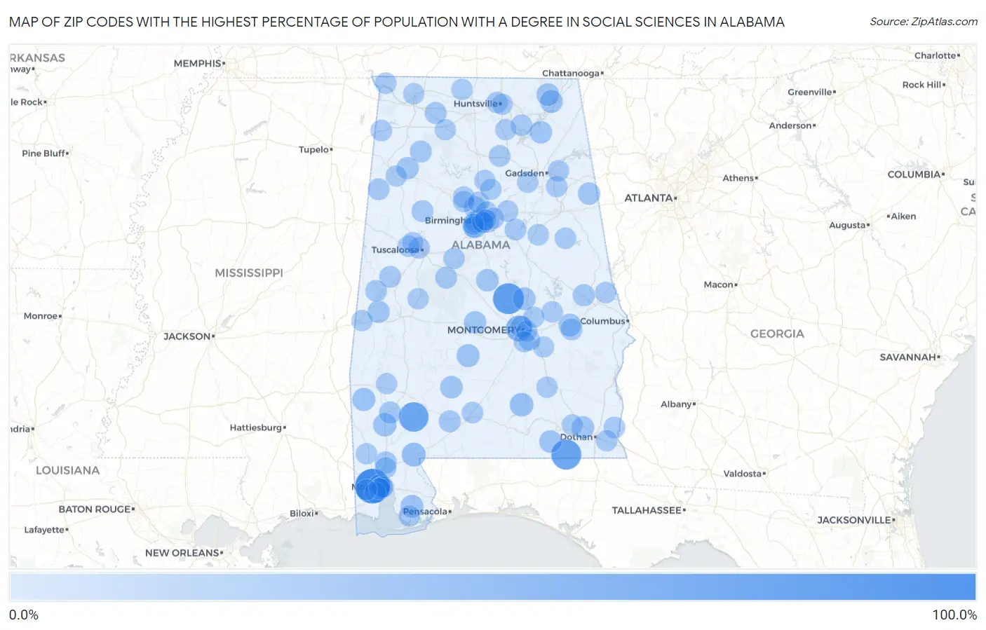 Zip Codes with the Highest Percentage of Population with a Degree in Social Sciences in Alabama Map