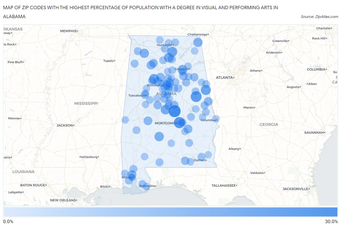 Zip Codes with the Highest Percentage of Population with a Degree in Visual and Performing Arts in Alabama Map