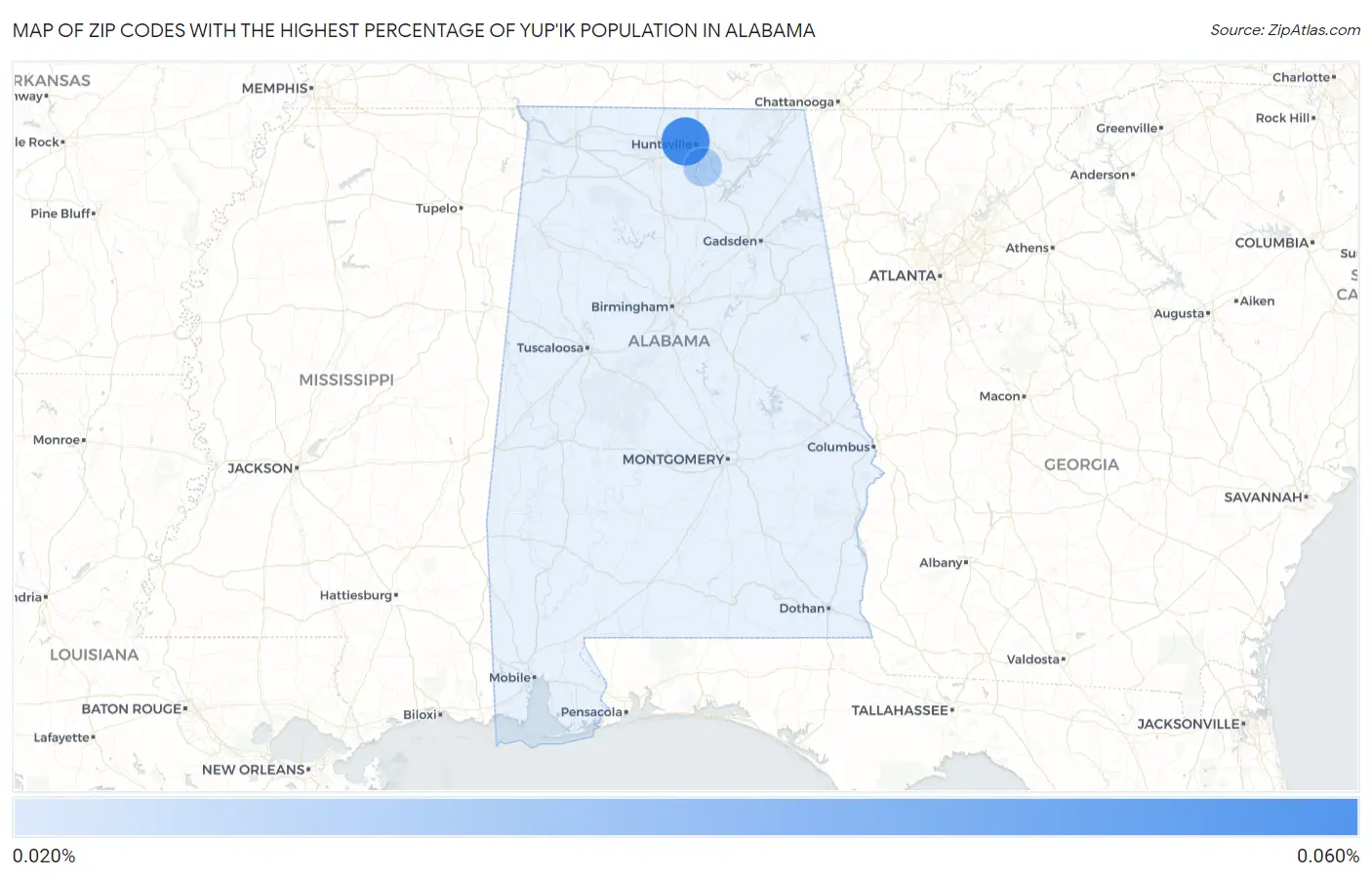 Zip Codes with the Highest Percentage of Yup'ik Population in Alabama Map