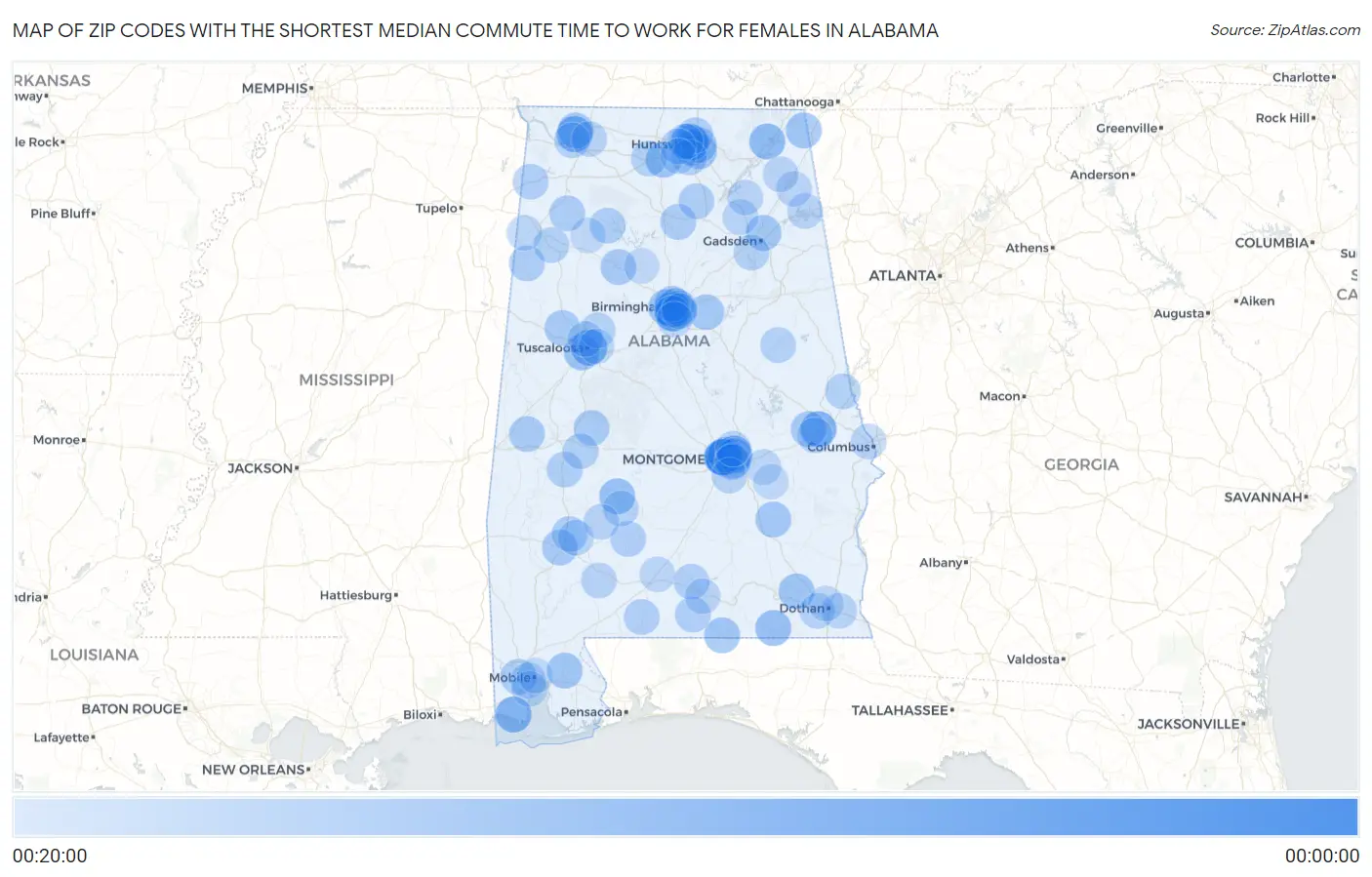 Zip Codes with the Shortest Median Commute Time to Work for Females in Alabama Map