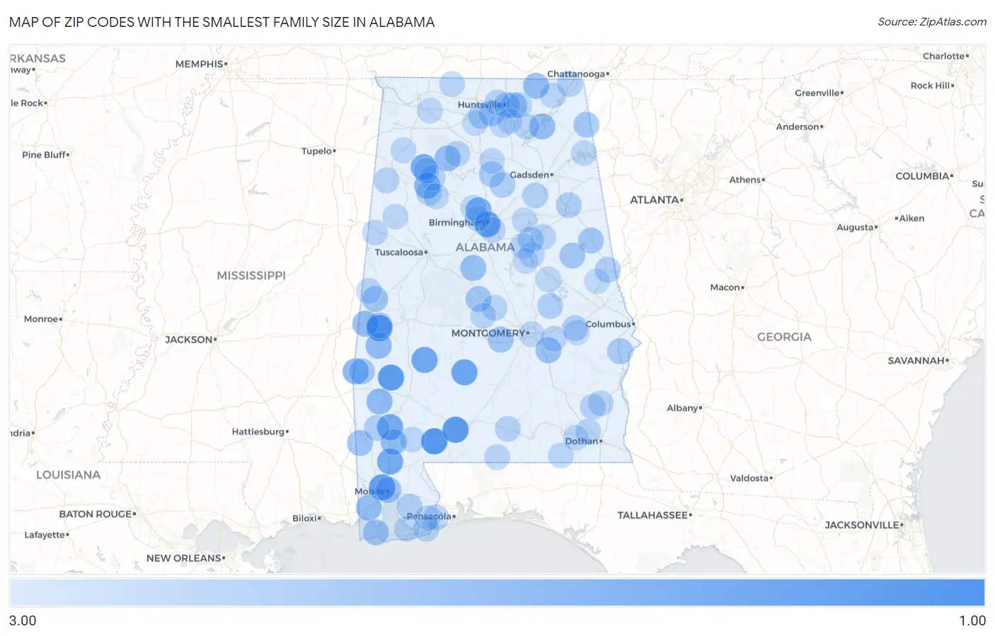 Zip Codes with the Smallest Family Size in Alabama Map