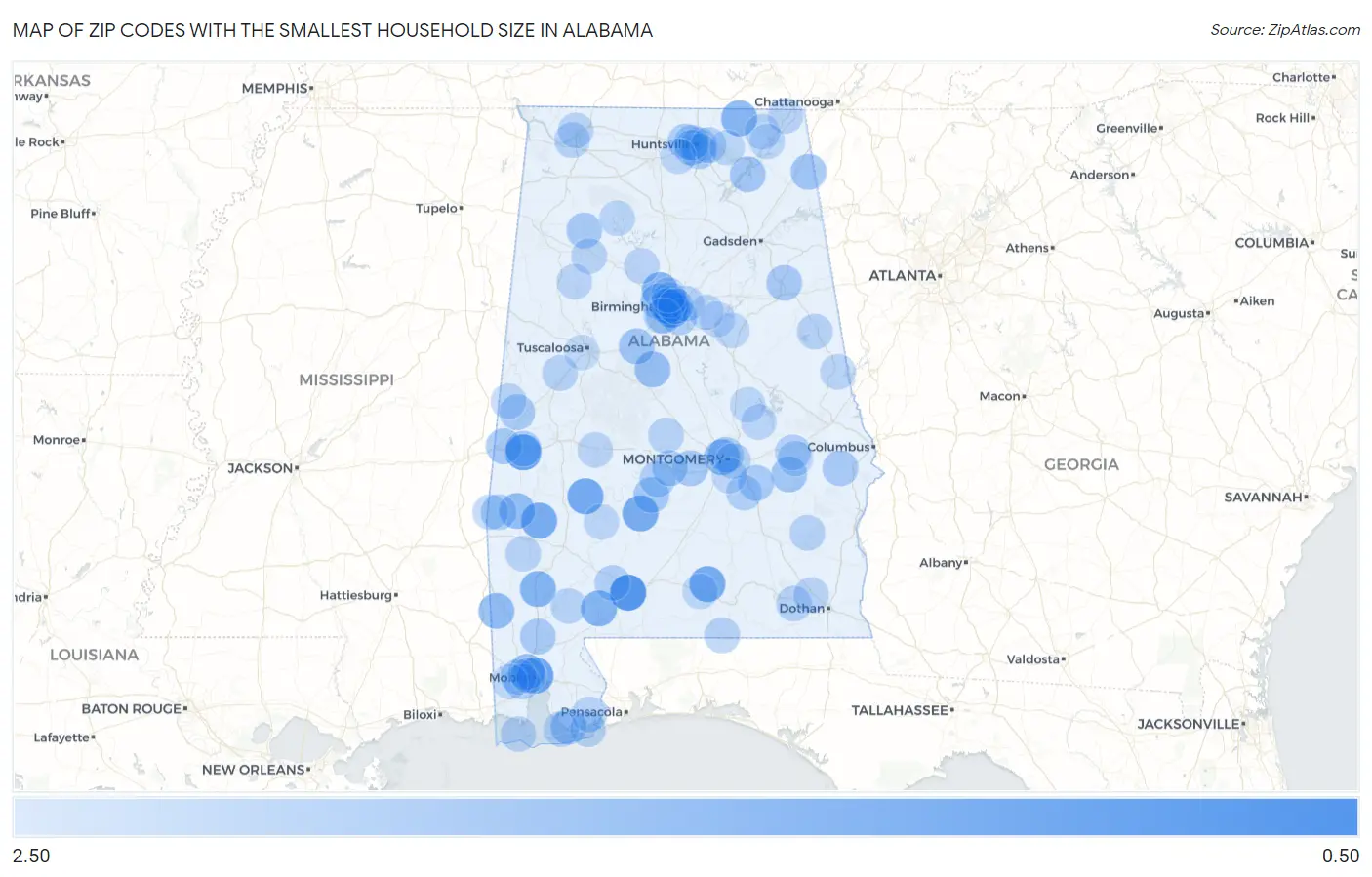 Zip Codes with the Smallest Household Size in Alabama Map