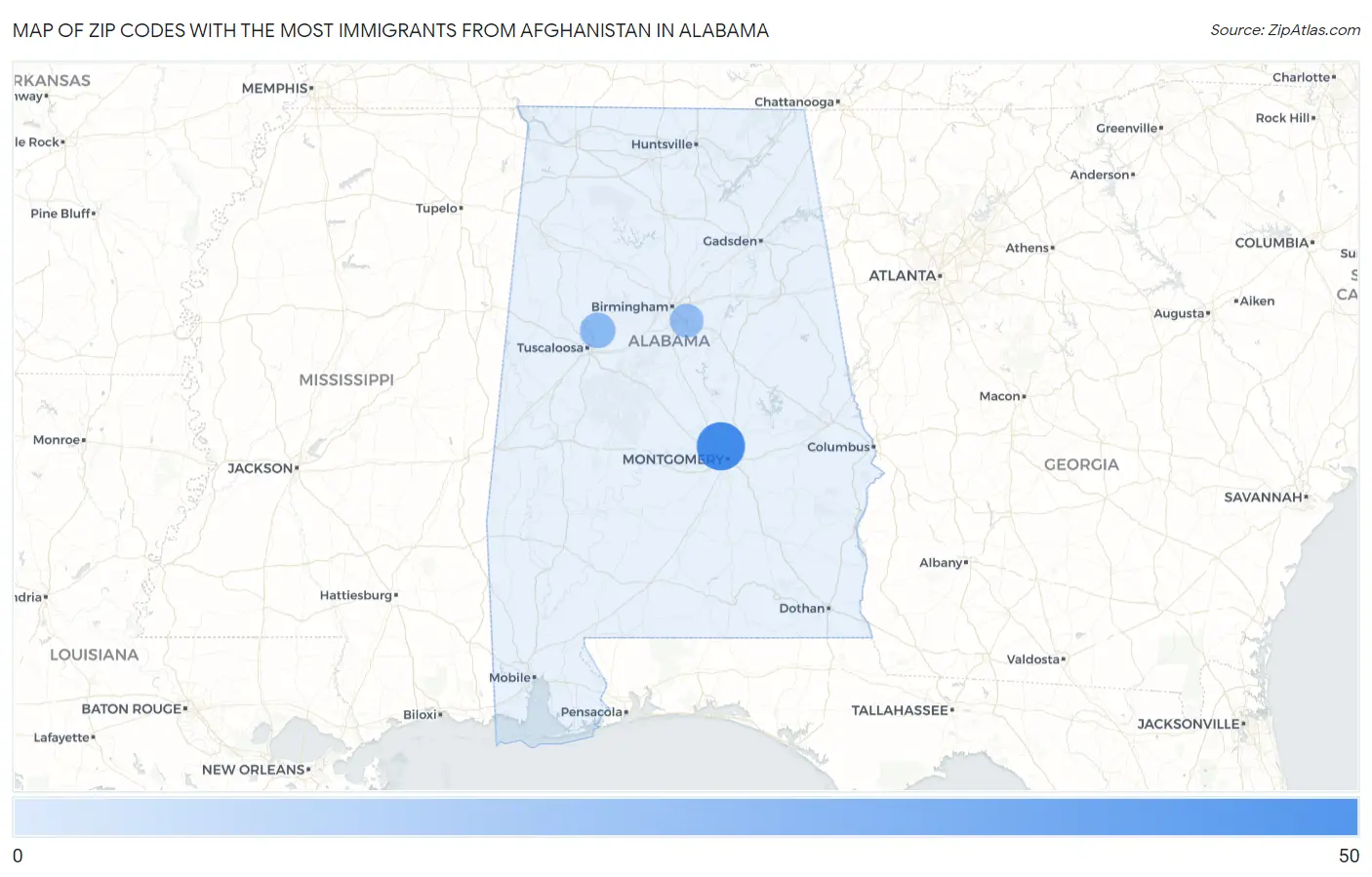 Zip Codes with the Most Immigrants from Afghanistan in Alabama Map