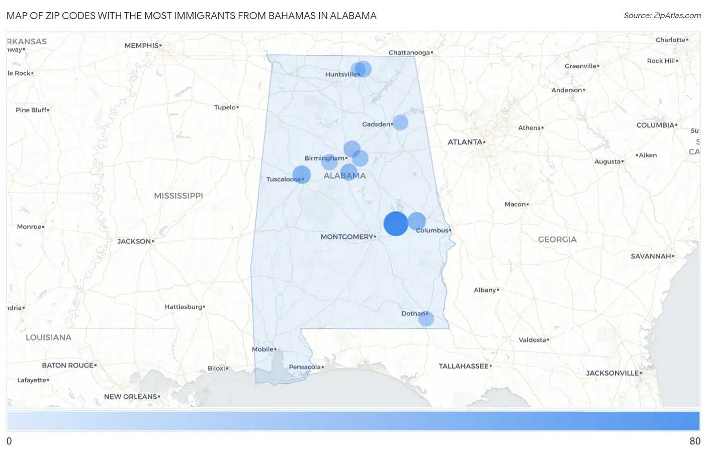 Zip Codes with the Most Immigrants from Bahamas in Alabama Map