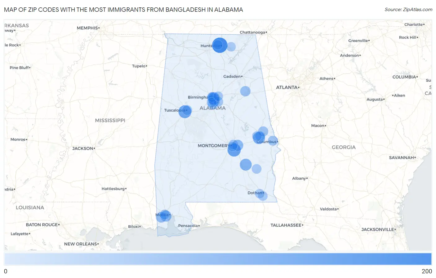 Zip Codes with the Most Immigrants from Bangladesh in Alabama Map