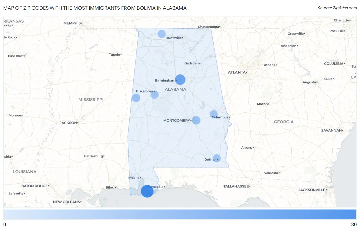 Zip Codes with the Most Immigrants from Bolivia in Alabama Map