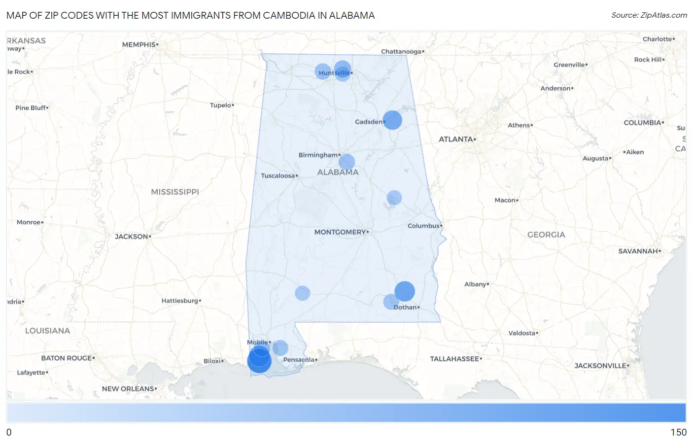 Zip Codes with the Most Immigrants from Cambodia in Alabama Map