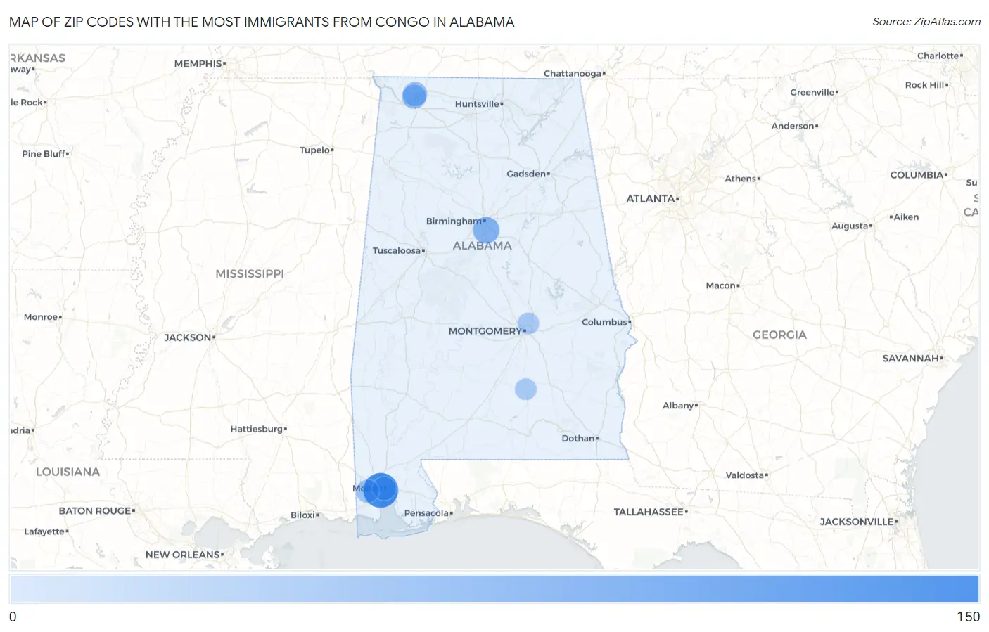 Zip Codes with the Most Immigrants from Congo in Alabama Map