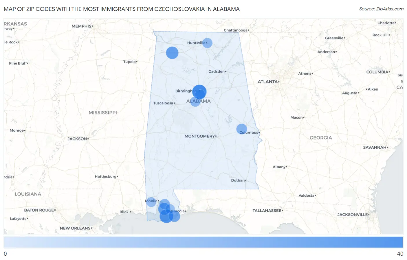 Zip Codes with the Most Immigrants from Czechoslovakia in Alabama Map