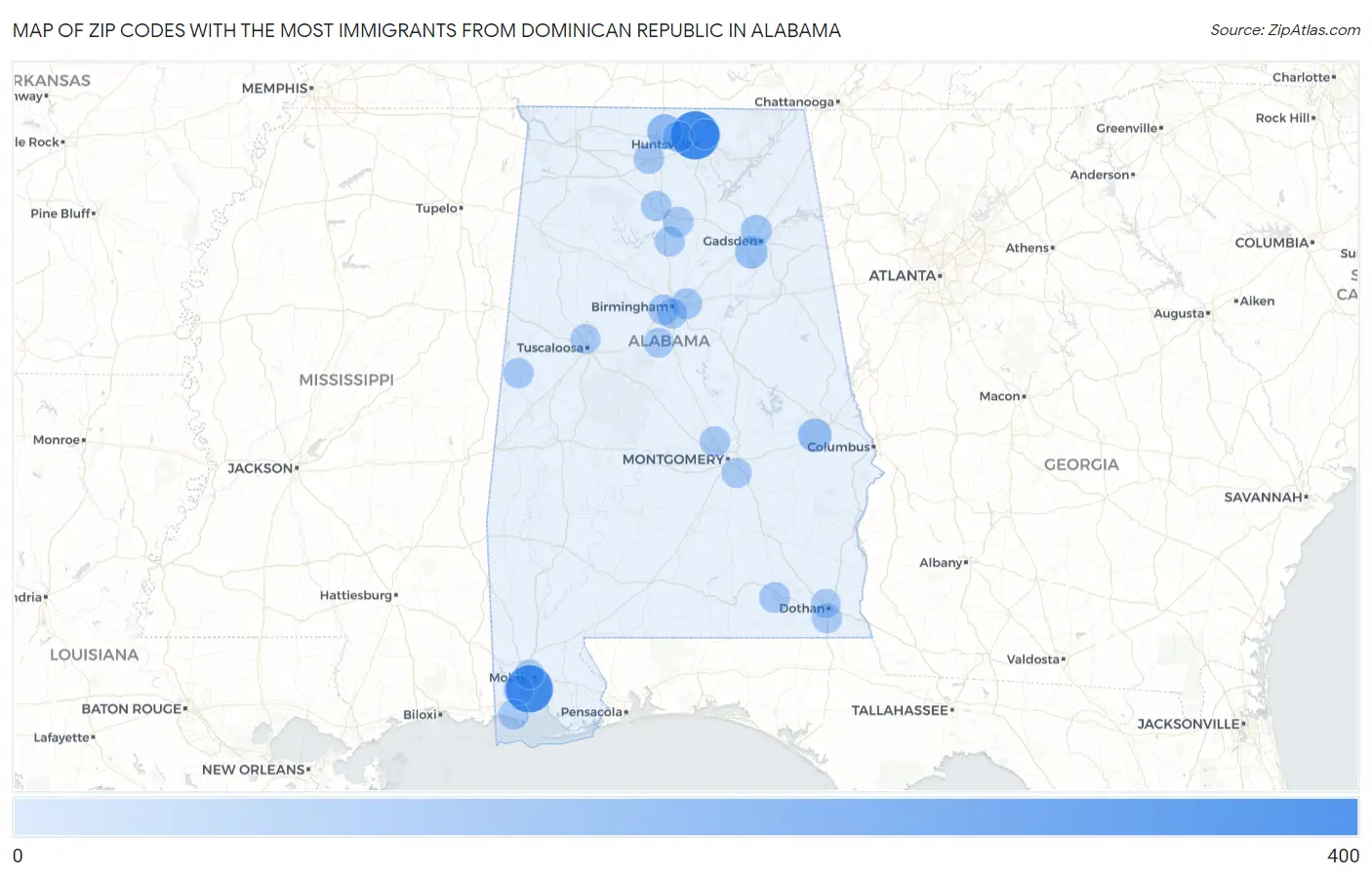 Zip Codes with the Most Immigrants from Dominican Republic in Alabama Map