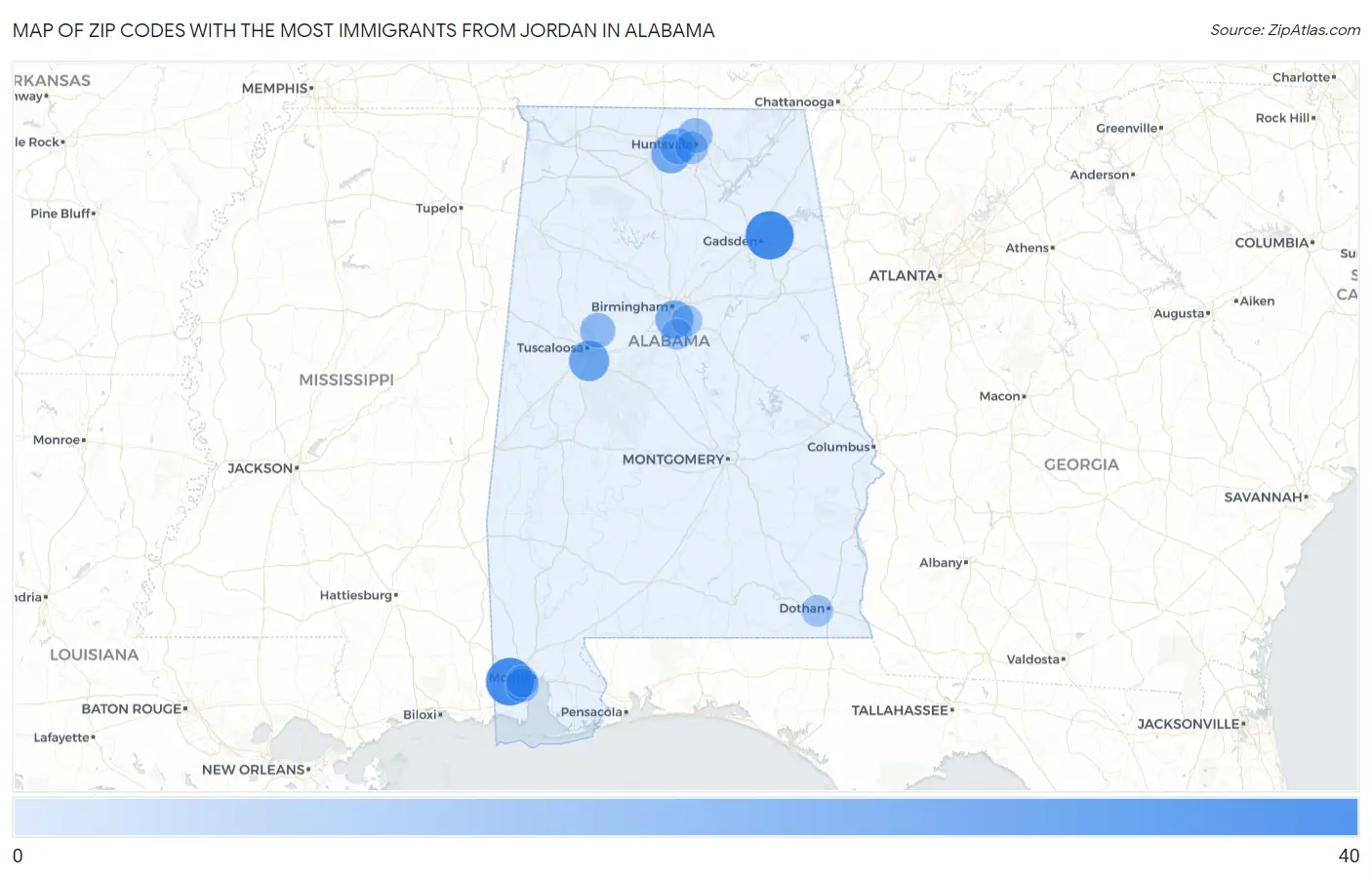 Zip Codes with the Most Immigrants from Jordan in Alabama Map