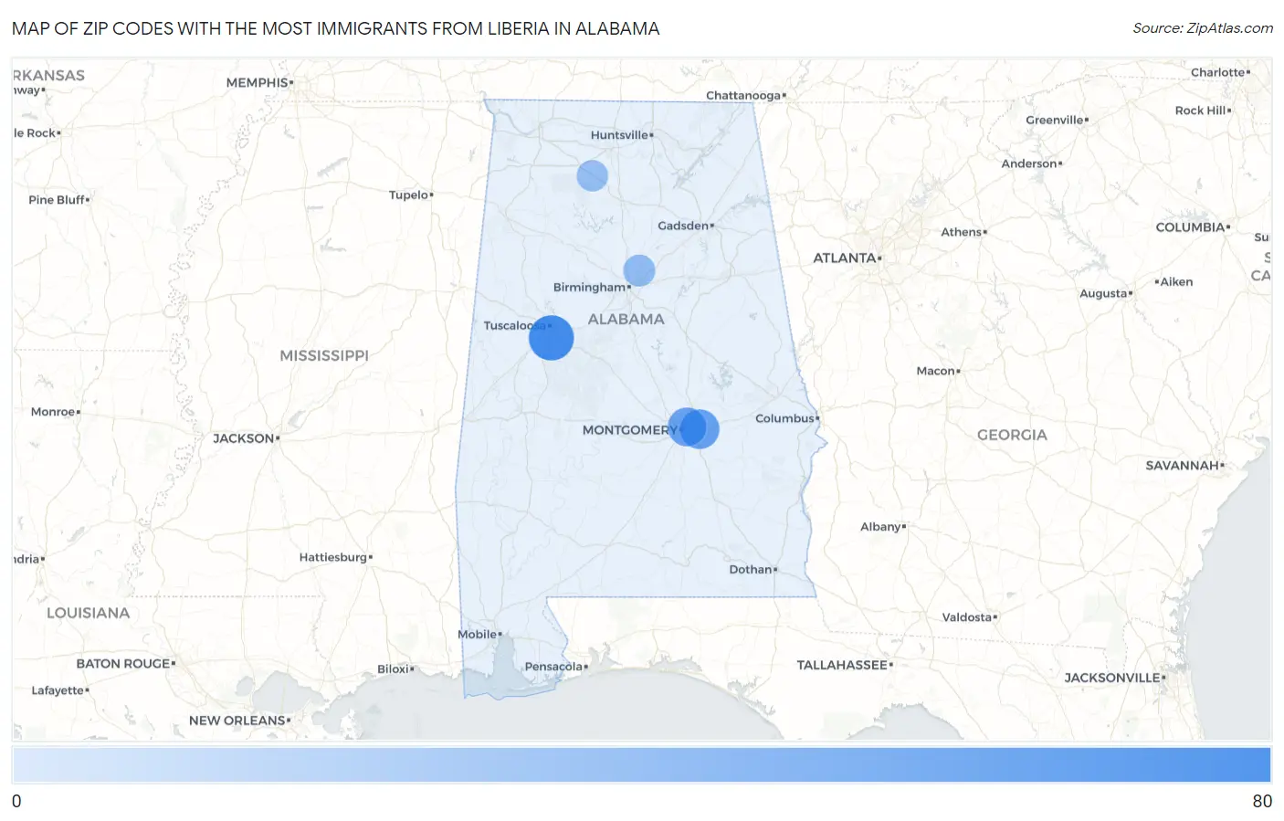 Zip Codes with the Most Immigrants from Liberia in Alabama Map