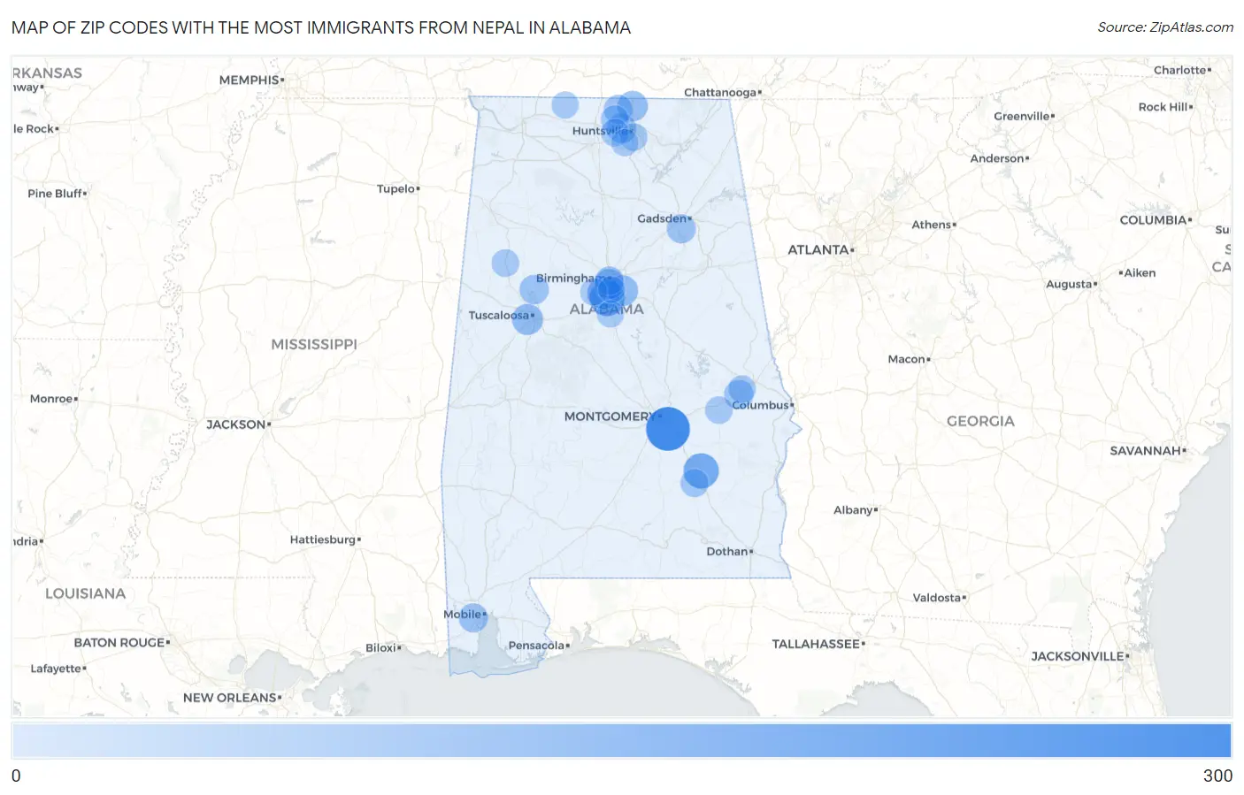 Zip Codes with the Most Immigrants from Nepal in Alabama Map