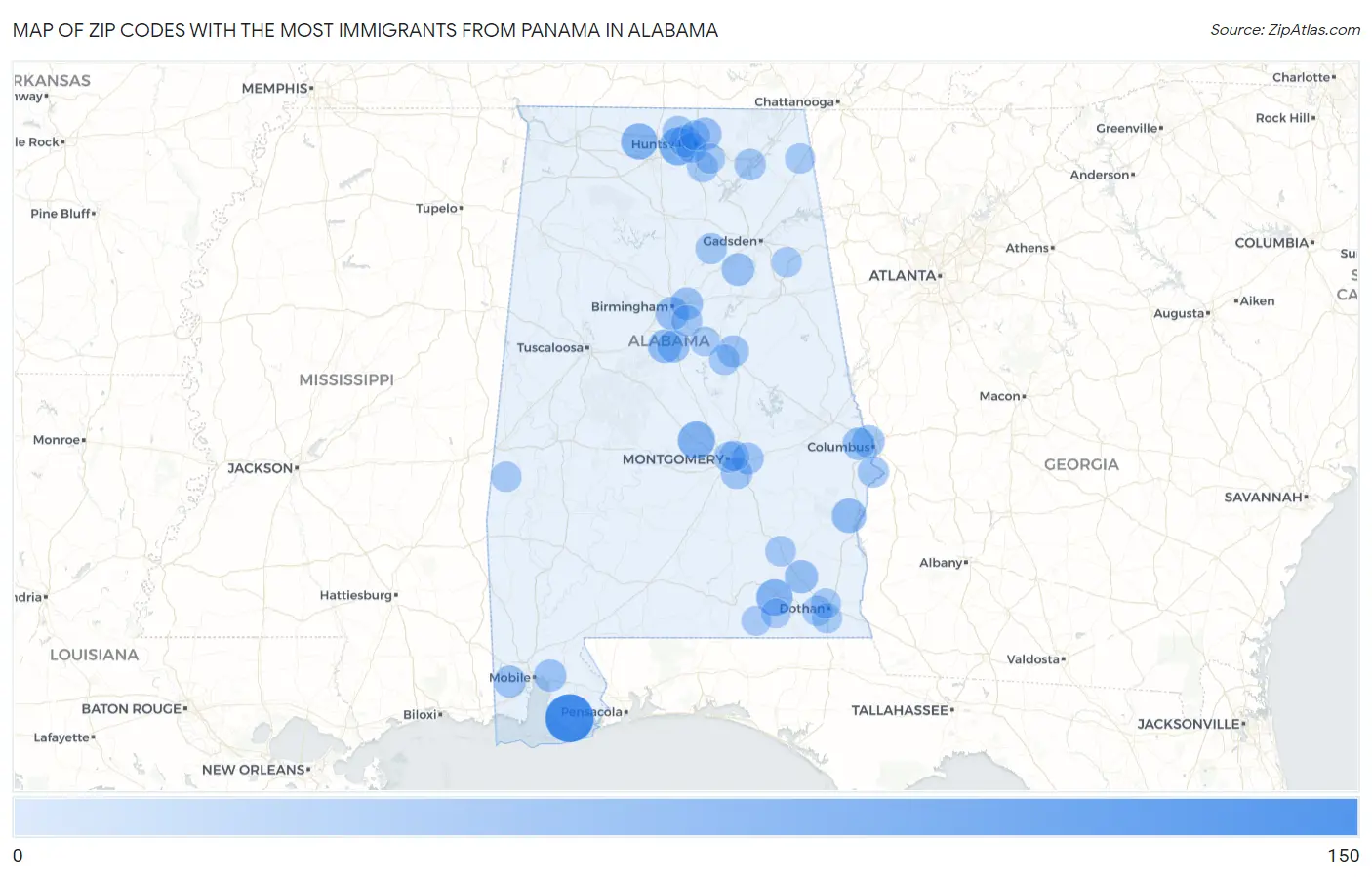 Zip Codes with the Most Immigrants from Panama in Alabama Map
