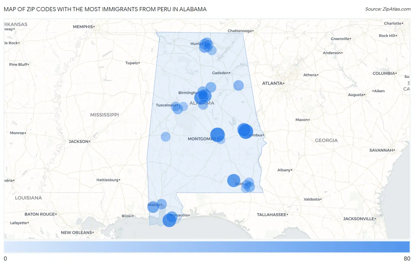 Zip Codes with the Most Immigrants from Peru in Alabama Map