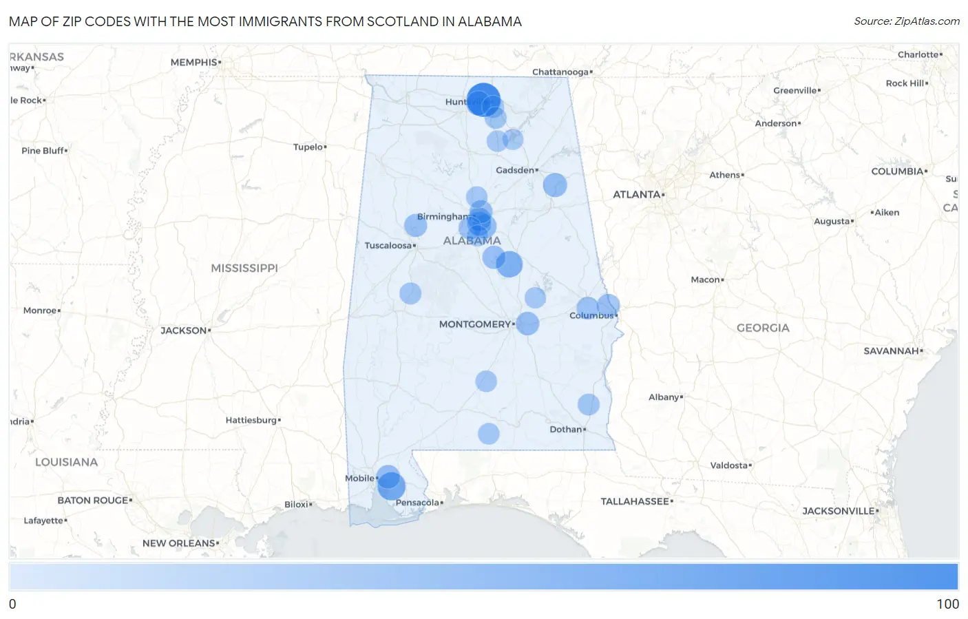 Zip Codes with the Most Immigrants from Scotland in Alabama Map