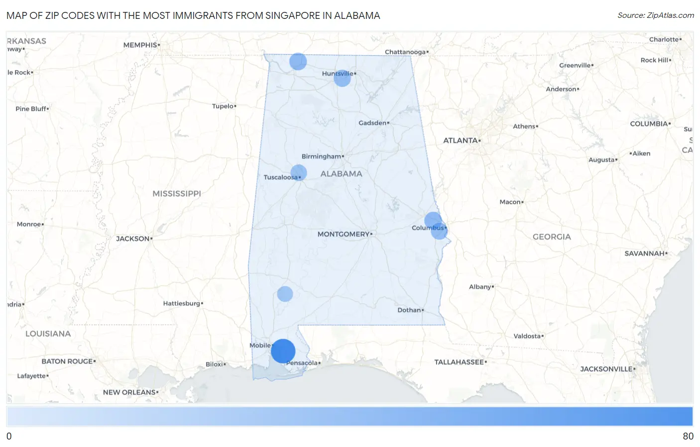 Zip Codes with the Most Immigrants from Singapore in Alabama Map