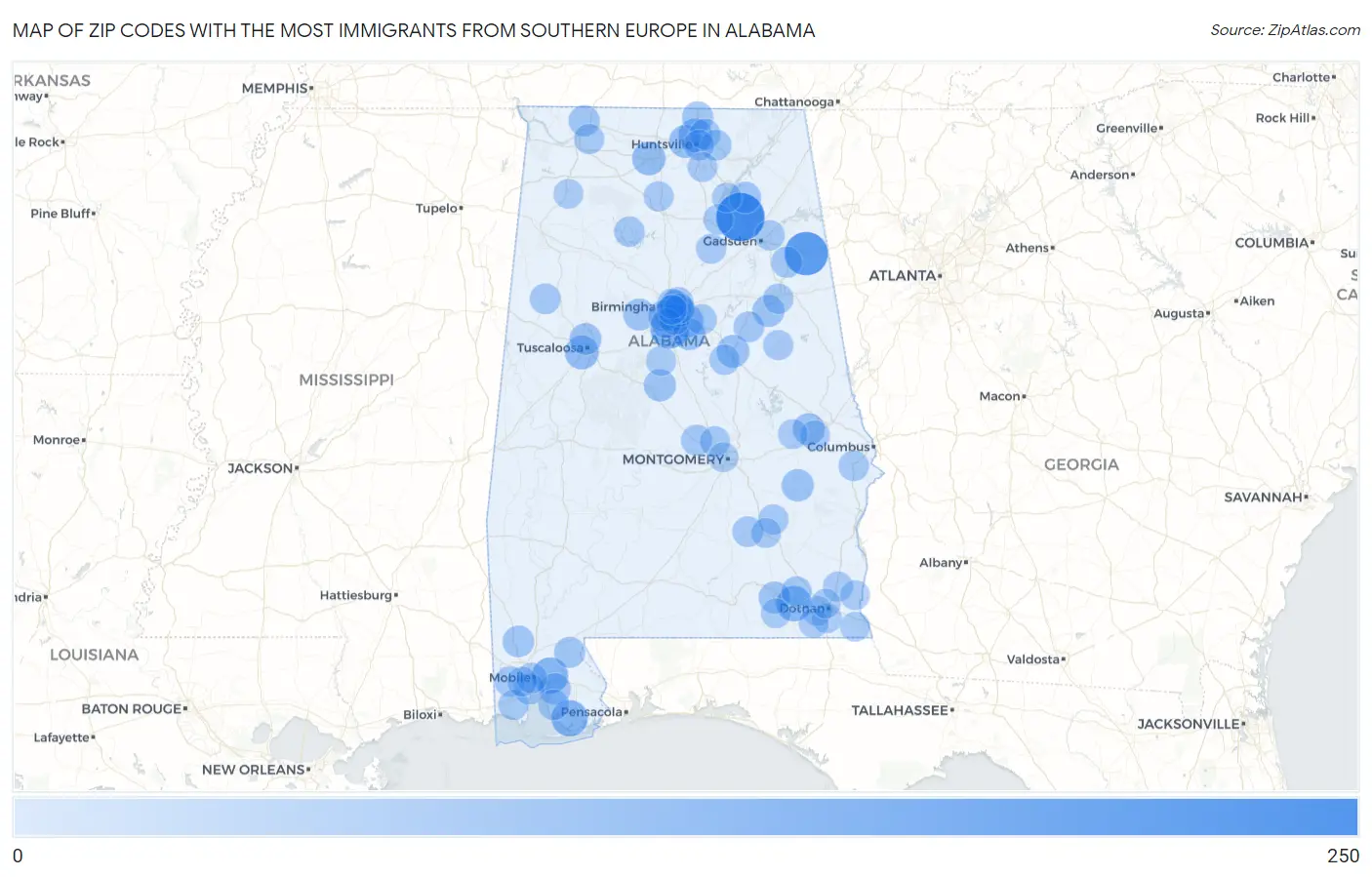 Zip Codes with the Most Immigrants from Southern Europe in Alabama Map