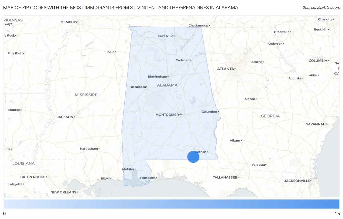 Zip Codes with the Most Immigrants from St. Vincent and the Grenadines in Alabama Map