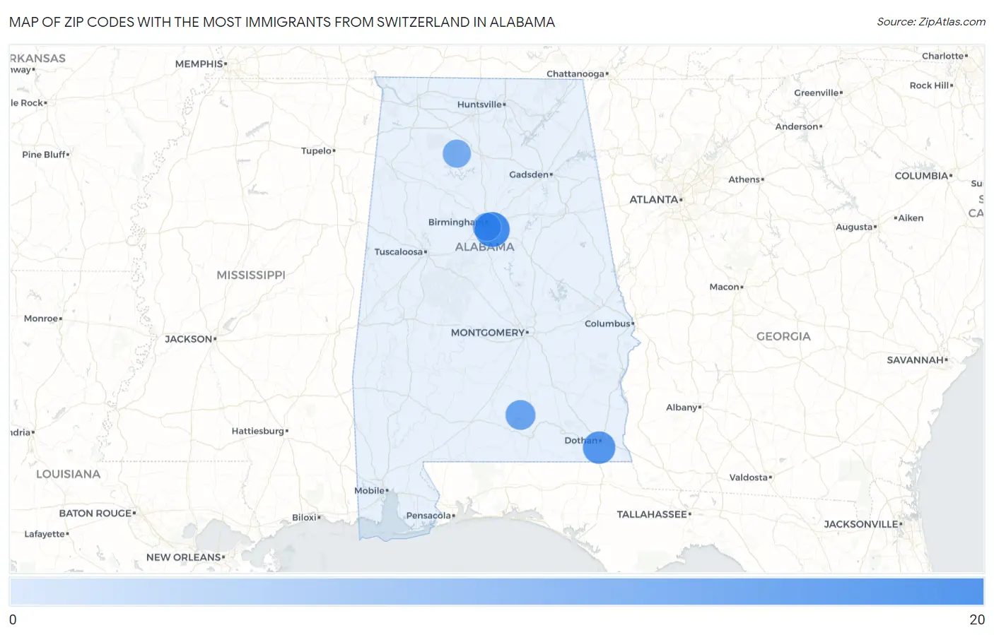 Zip Codes with the Most Immigrants from Switzerland in Alabama Map