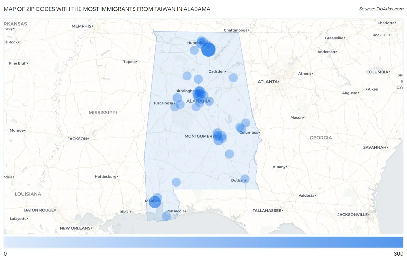 Zip Codes with the Most Immigrants from Taiwan in Alabama Map