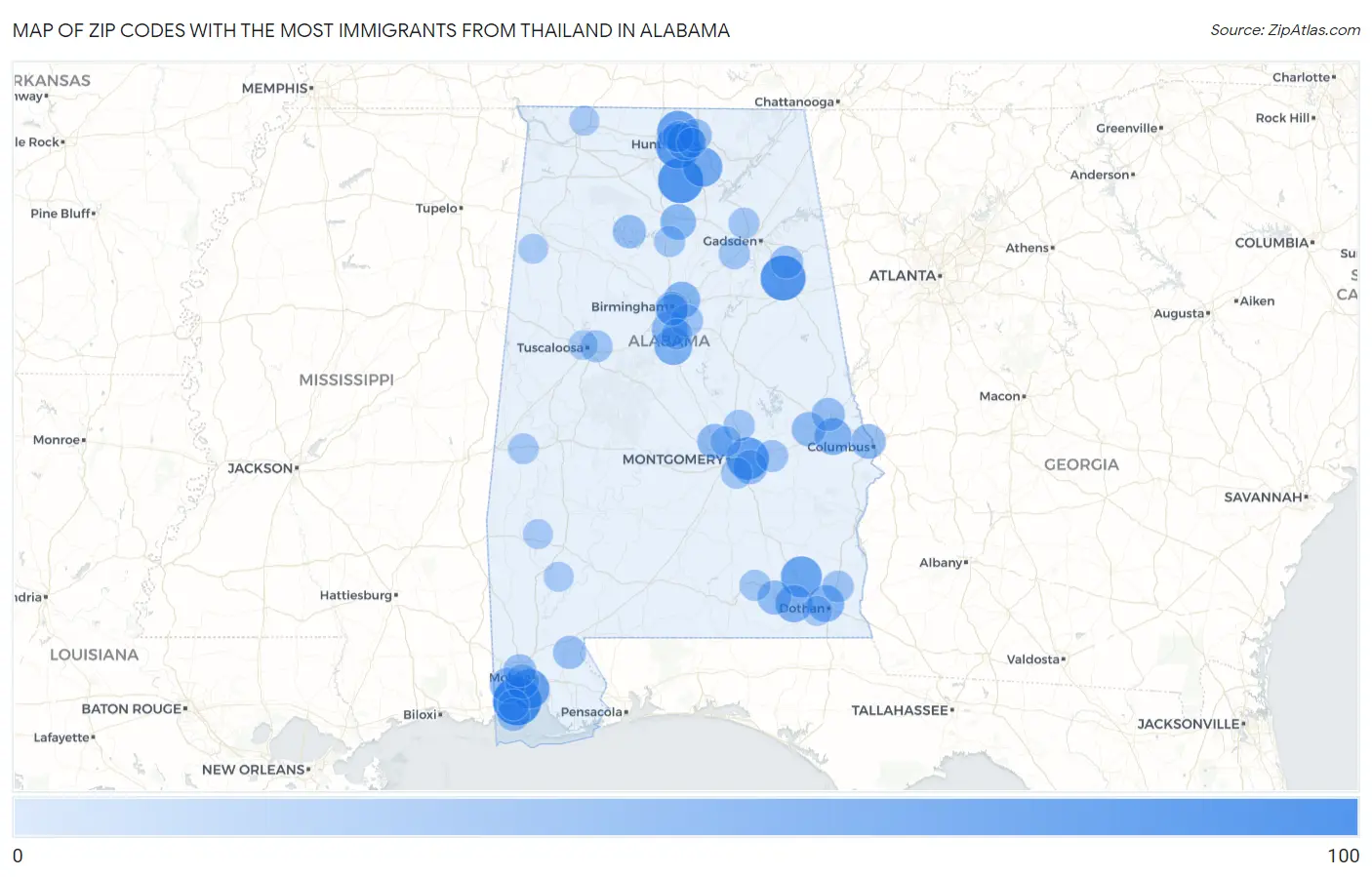 Zip Codes with the Most Immigrants from Thailand in Alabama Map