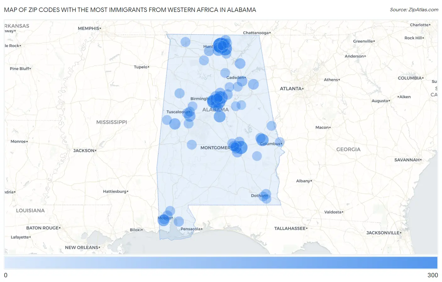 Zip Codes with the Most Immigrants from Western Africa in Alabama Map