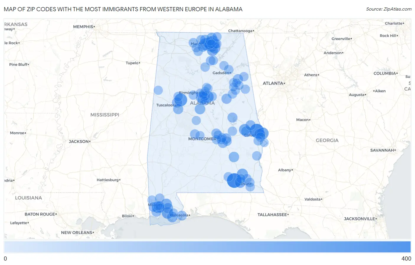Zip Codes with the Most Immigrants from Western Europe in Alabama Map