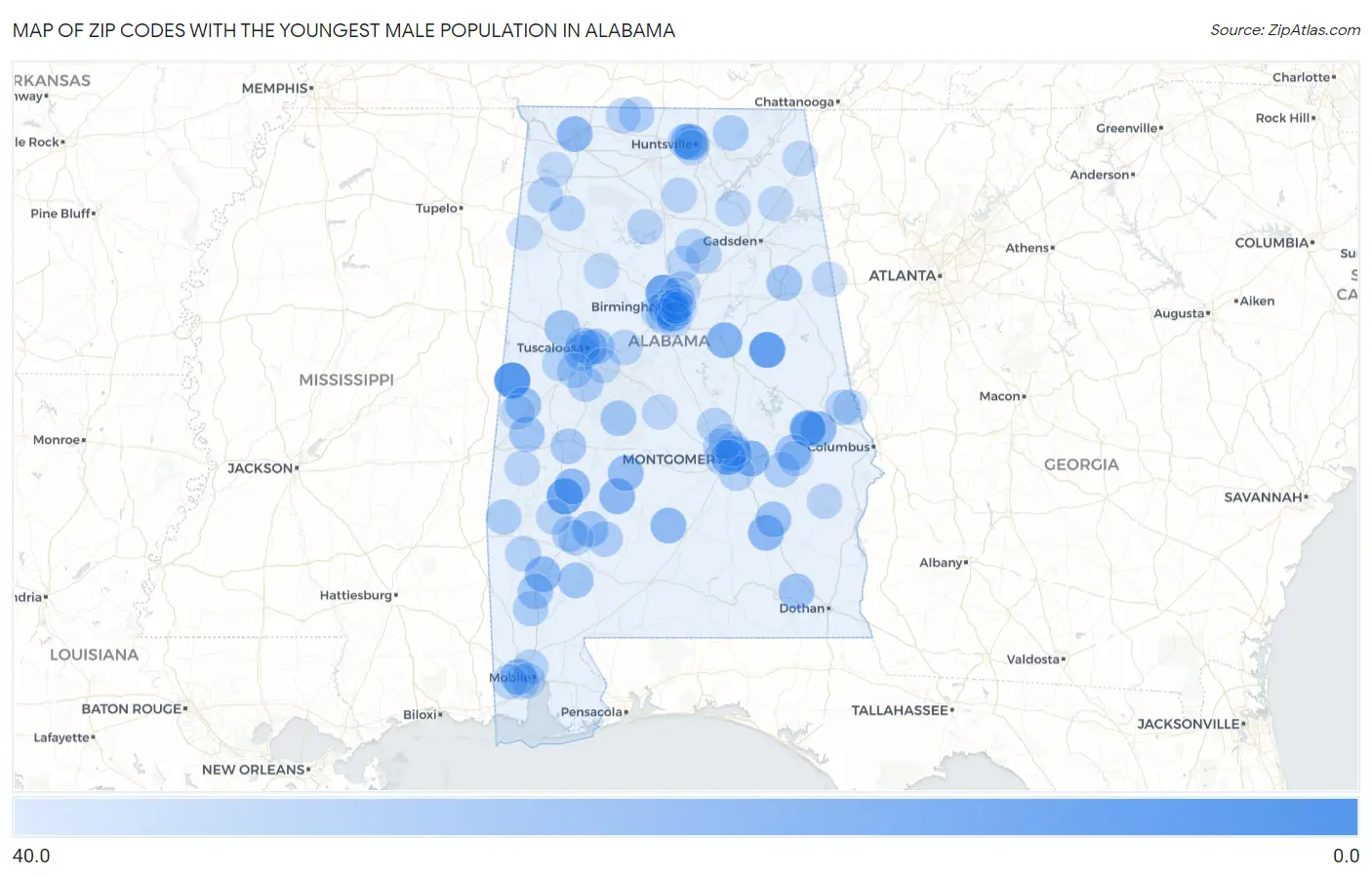 Zip Codes with the Youngest Male Population in Alabama Map