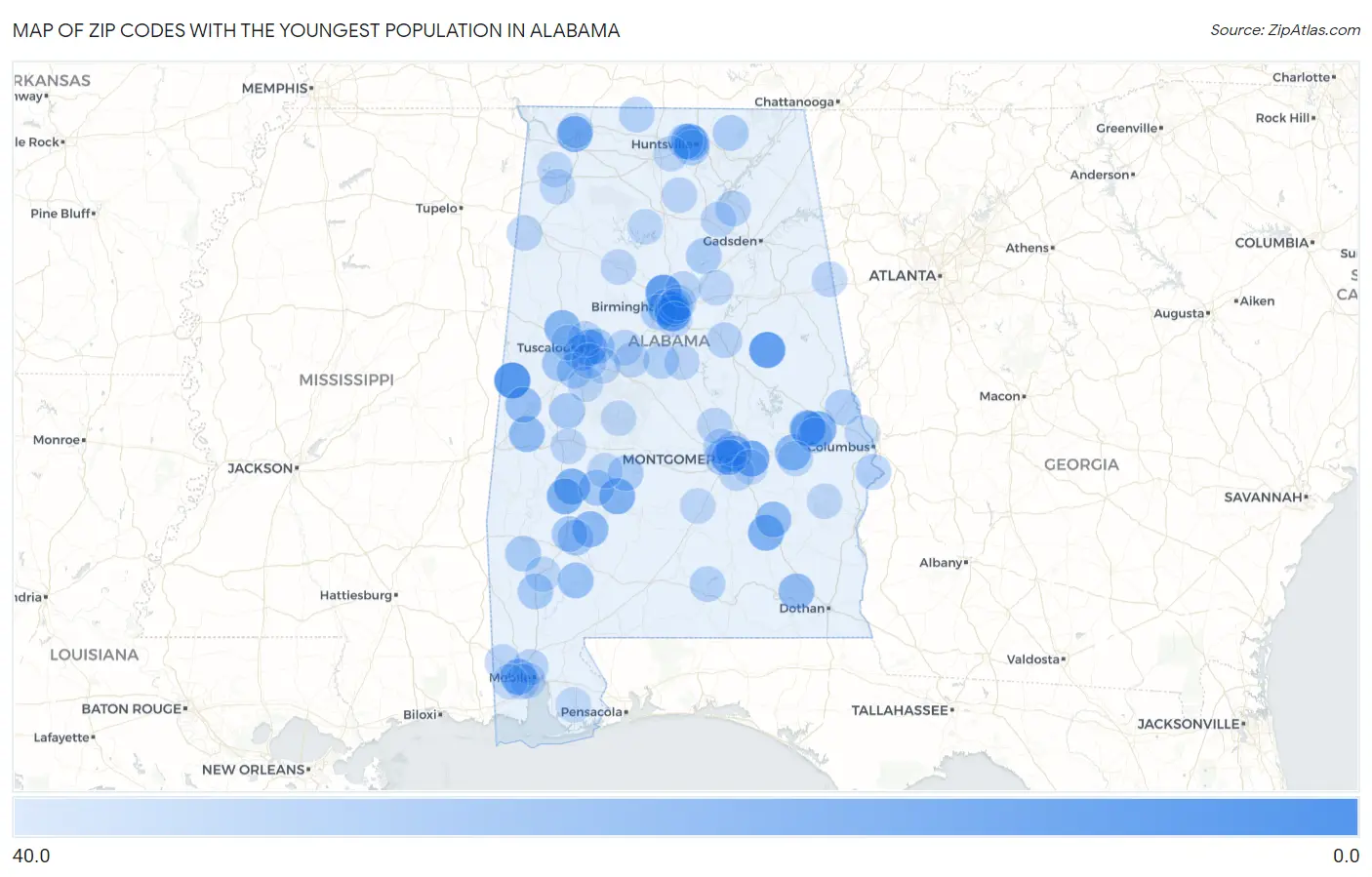 Zip Codes with the Youngest Population in Alabama Map