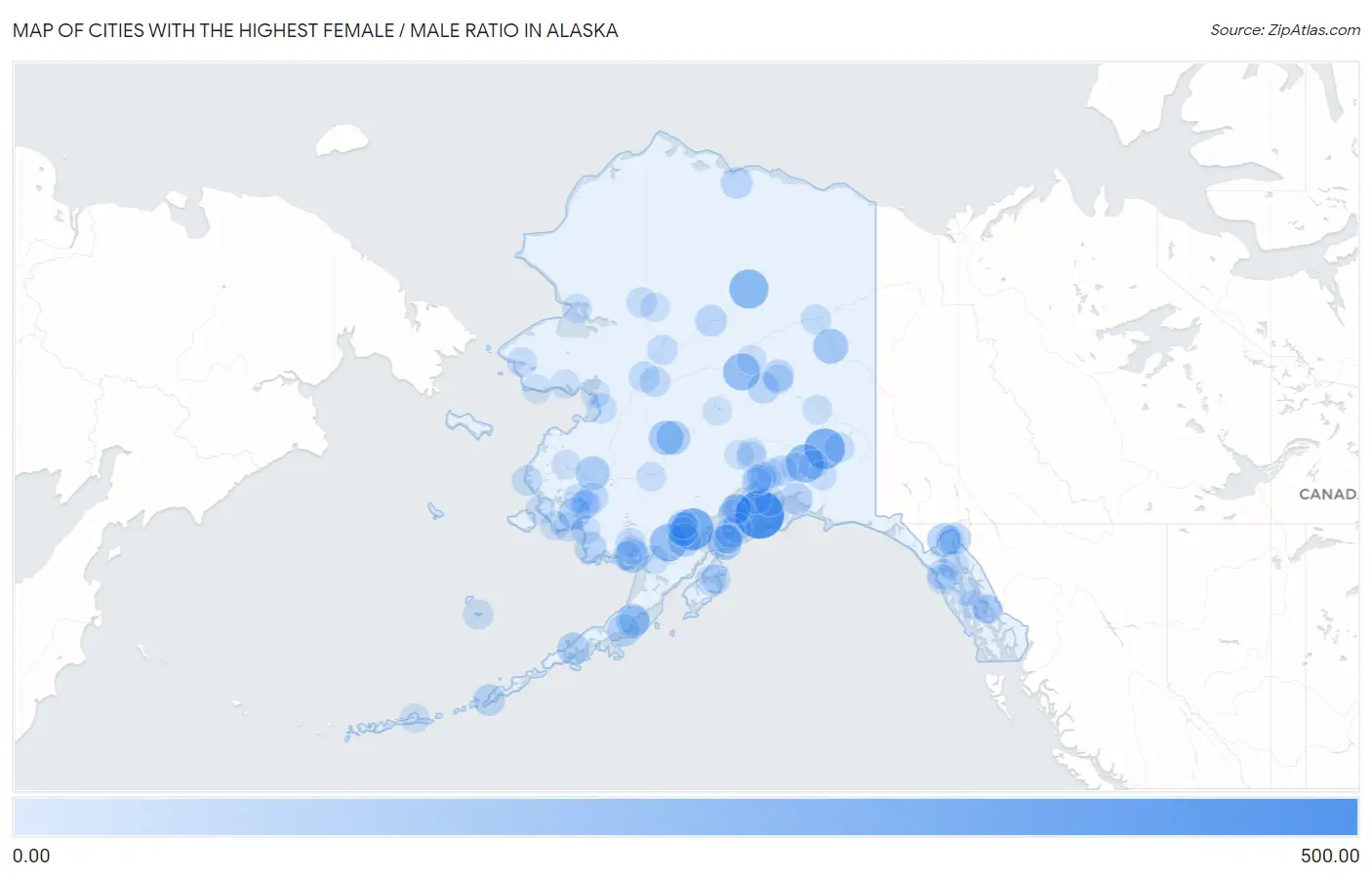 Cities with the Highest Female / Male Ratio in Alaska Map