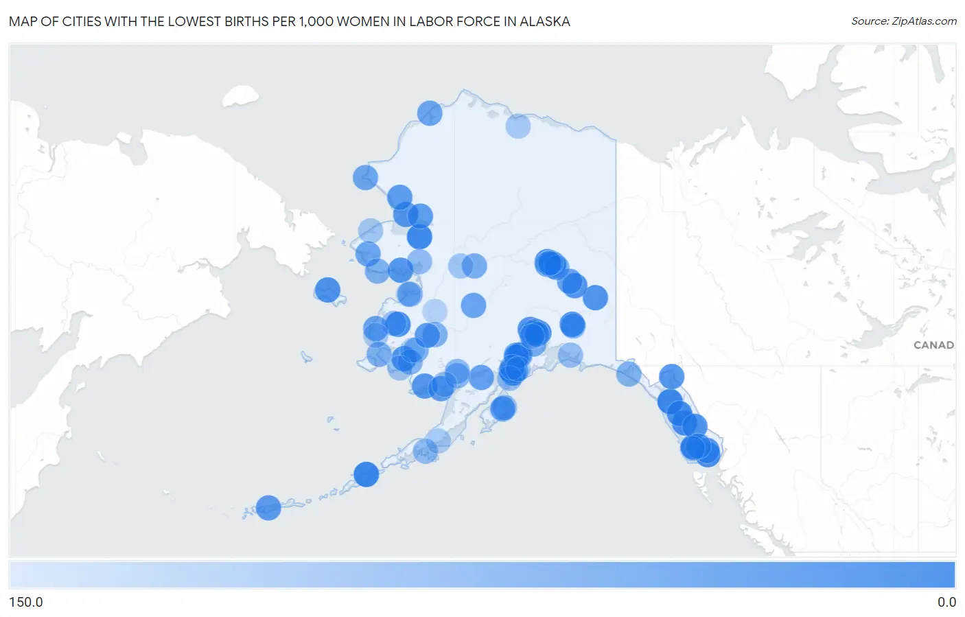 Cities with the Lowest Births per 1,000 Women in Labor Force in Alaska Map