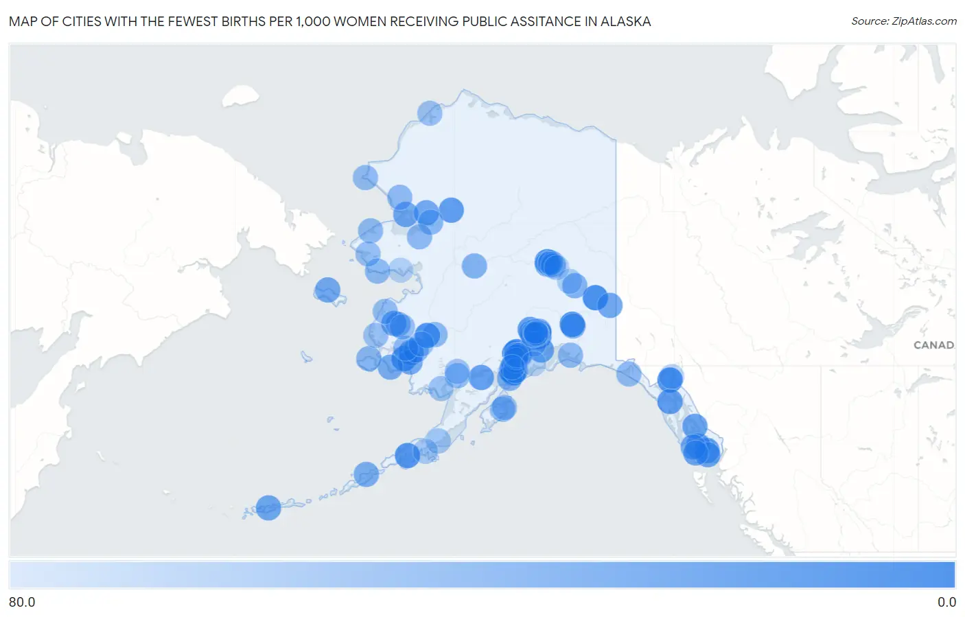 Cities with the Fewest Births per 1,000 Women Receiving Public Assitance in Alaska Map