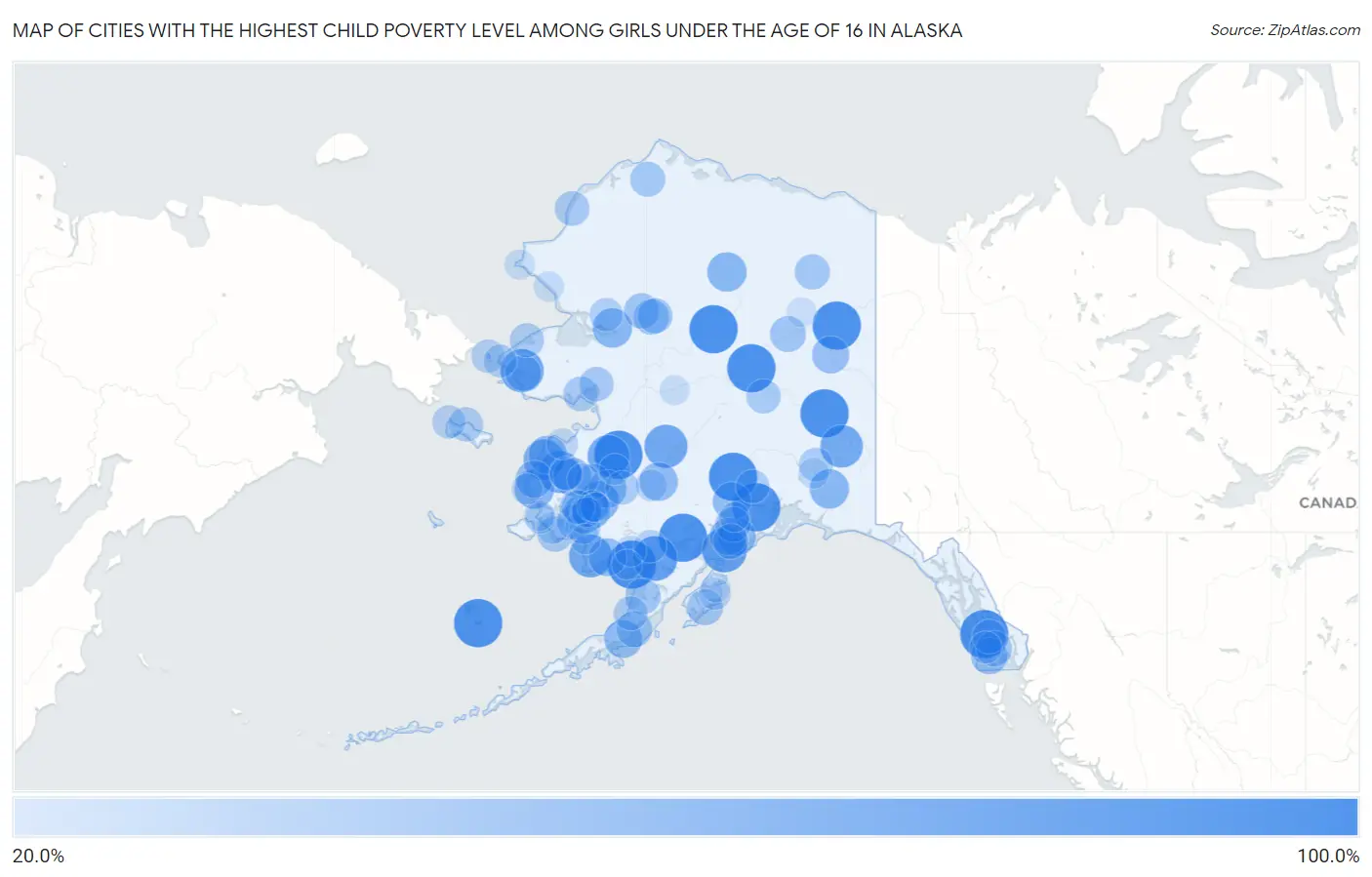 Cities with the Highest Child Poverty Level Among Girls Under the Age of 16 in Alaska Map