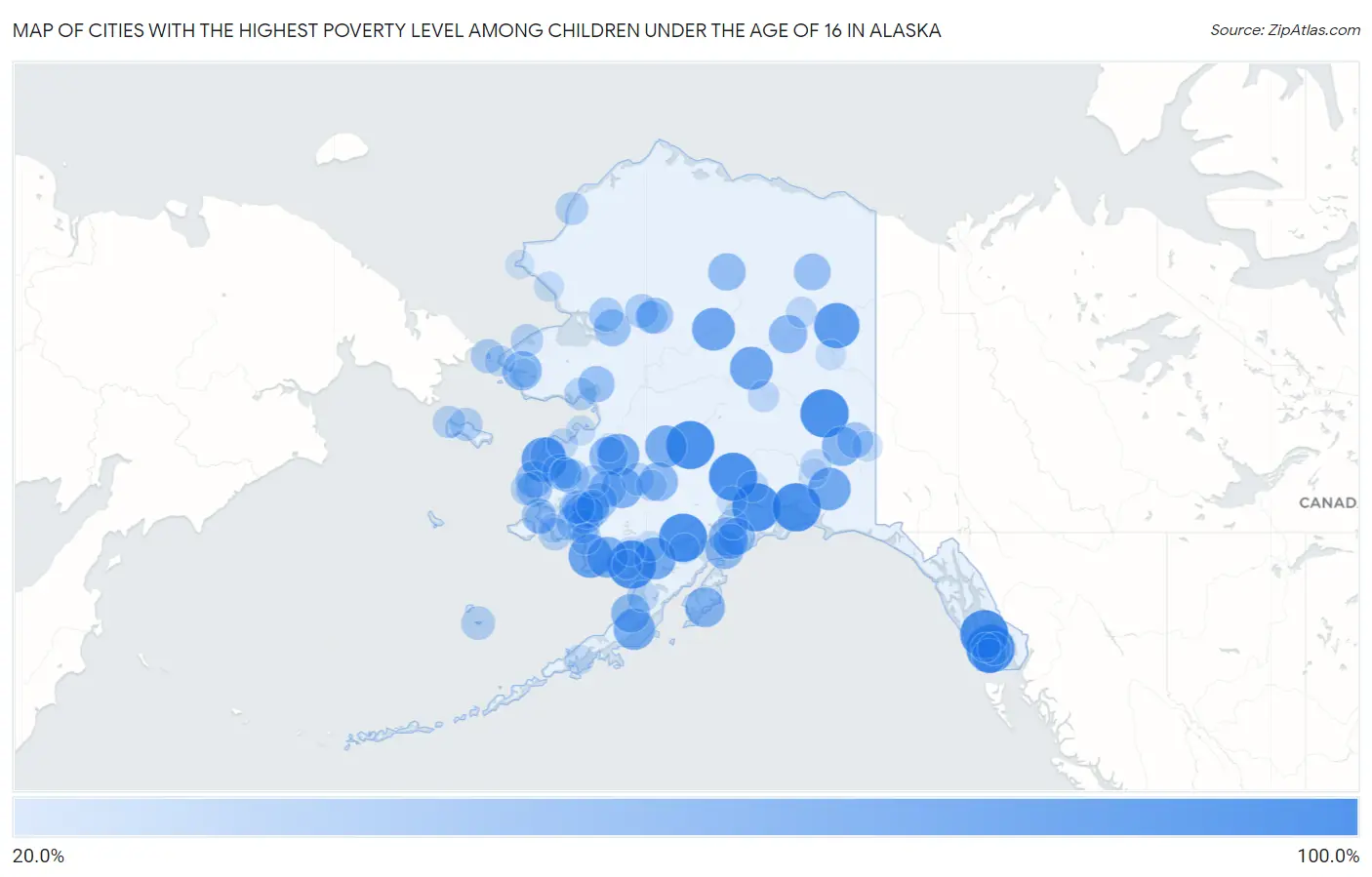 Cities with the Highest Poverty Level Among Children Under the Age of 16 in Alaska Map