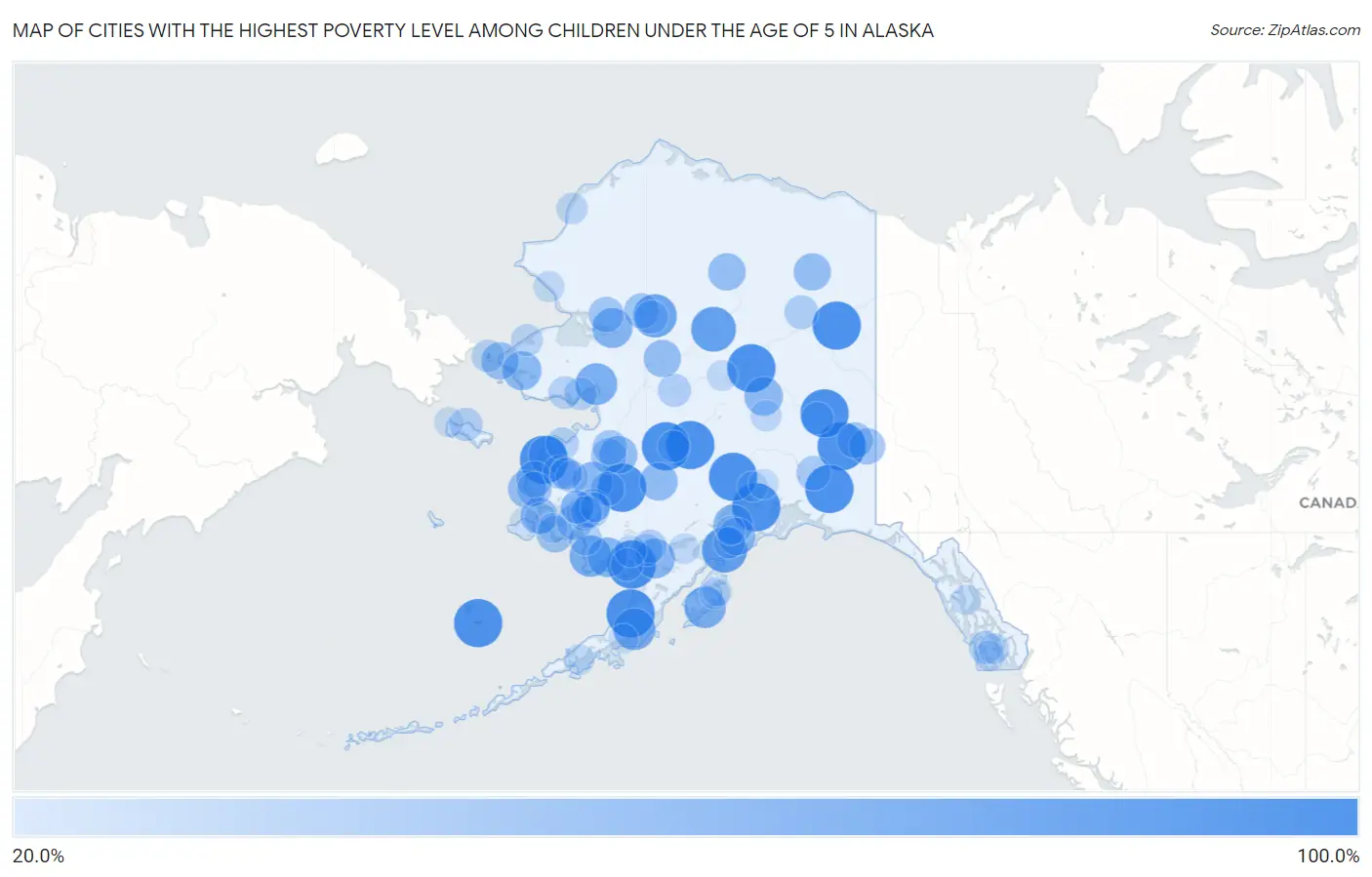 Cities with the Highest Poverty Level Among Children Under the Age of 5 in Alaska Map