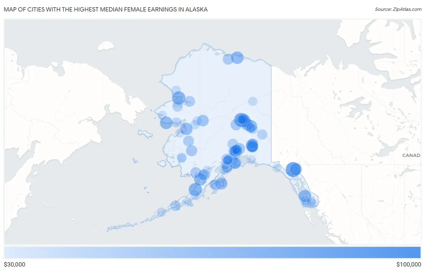 Cities with the Highest Median Female Earnings in Alaska Map