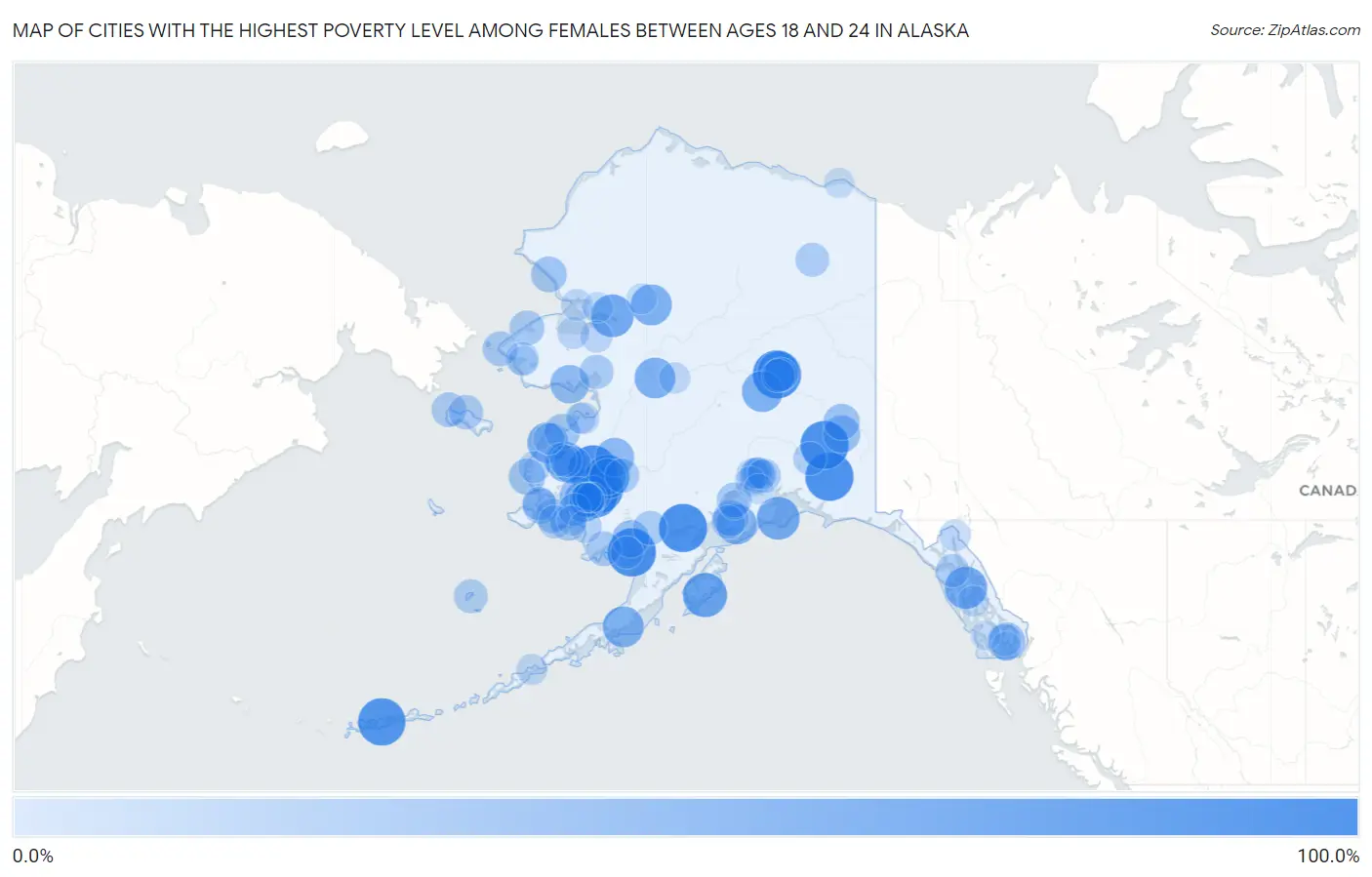 Cities with the Highest Poverty Level Among Females Between Ages 18 and 24 in Alaska Map