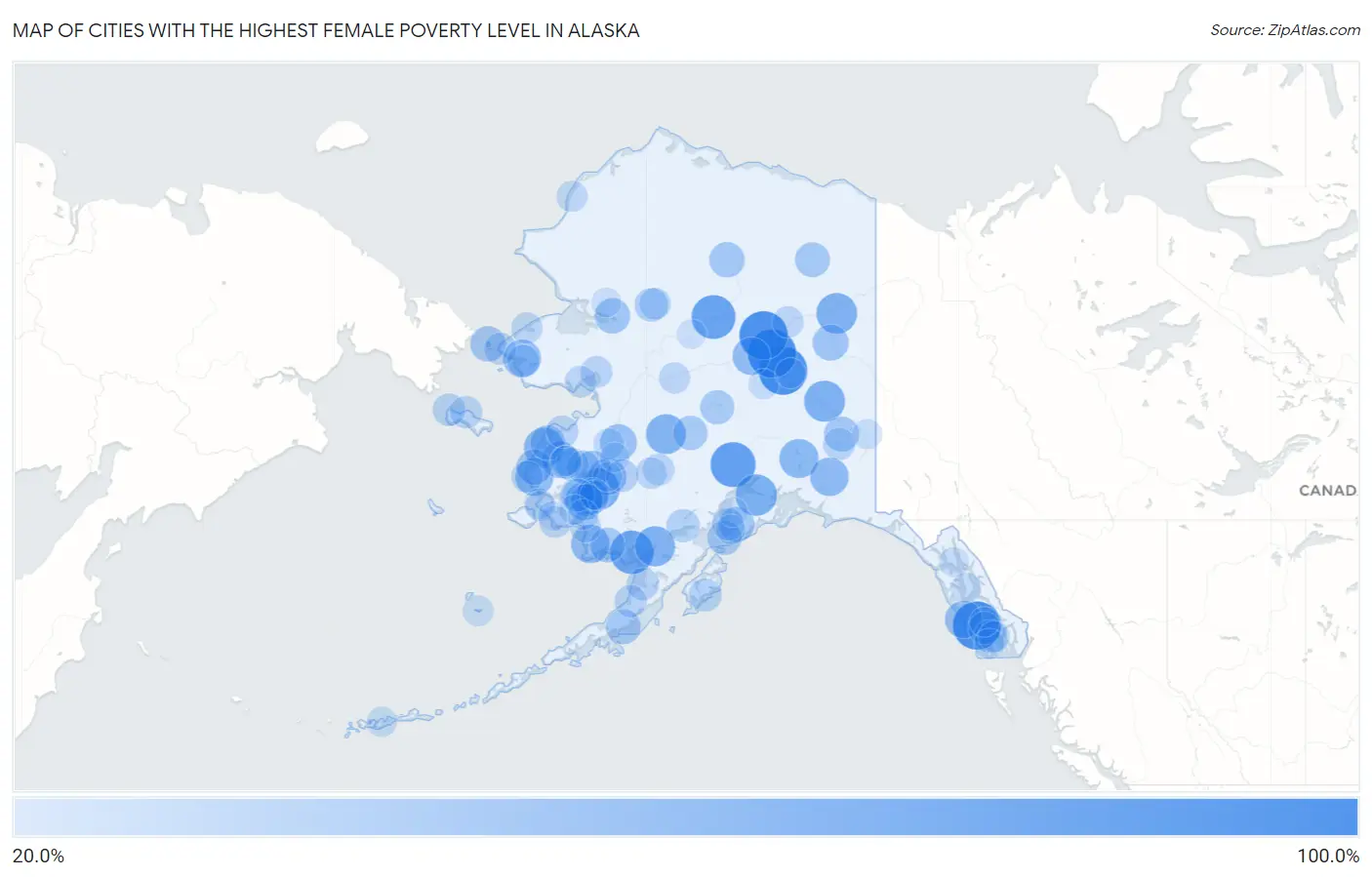 Cities with the Highest Female Poverty Level in Alaska Map