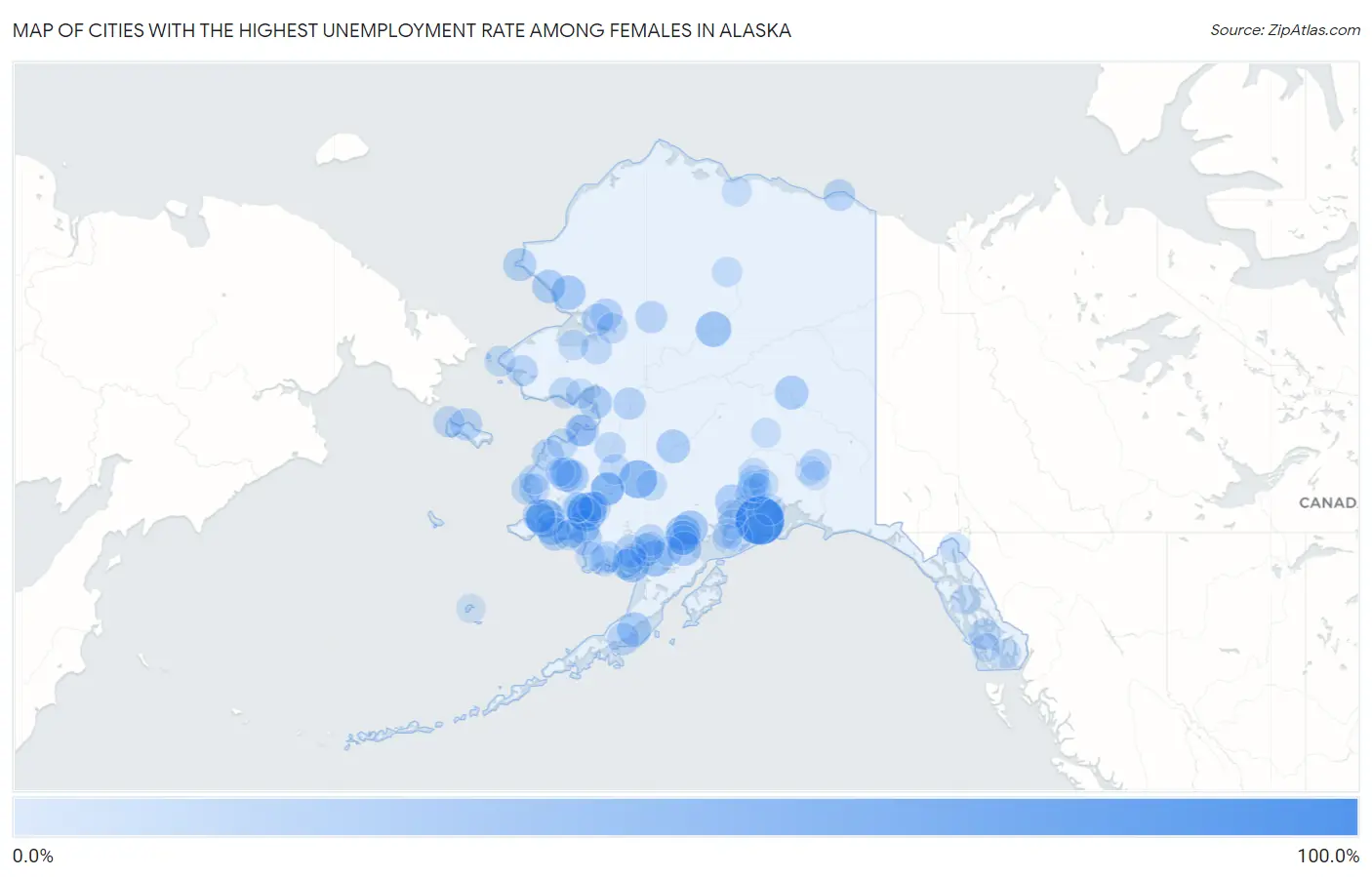 Cities with the Highest Unemployment Rate Among Females in Alaska Map