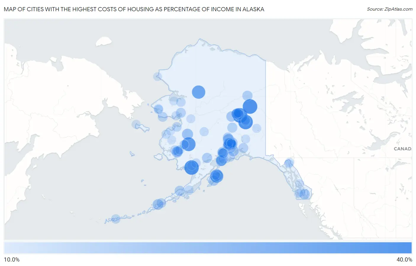 Cities with the Highest Costs of Housing as Percentage of Income in Alaska Map