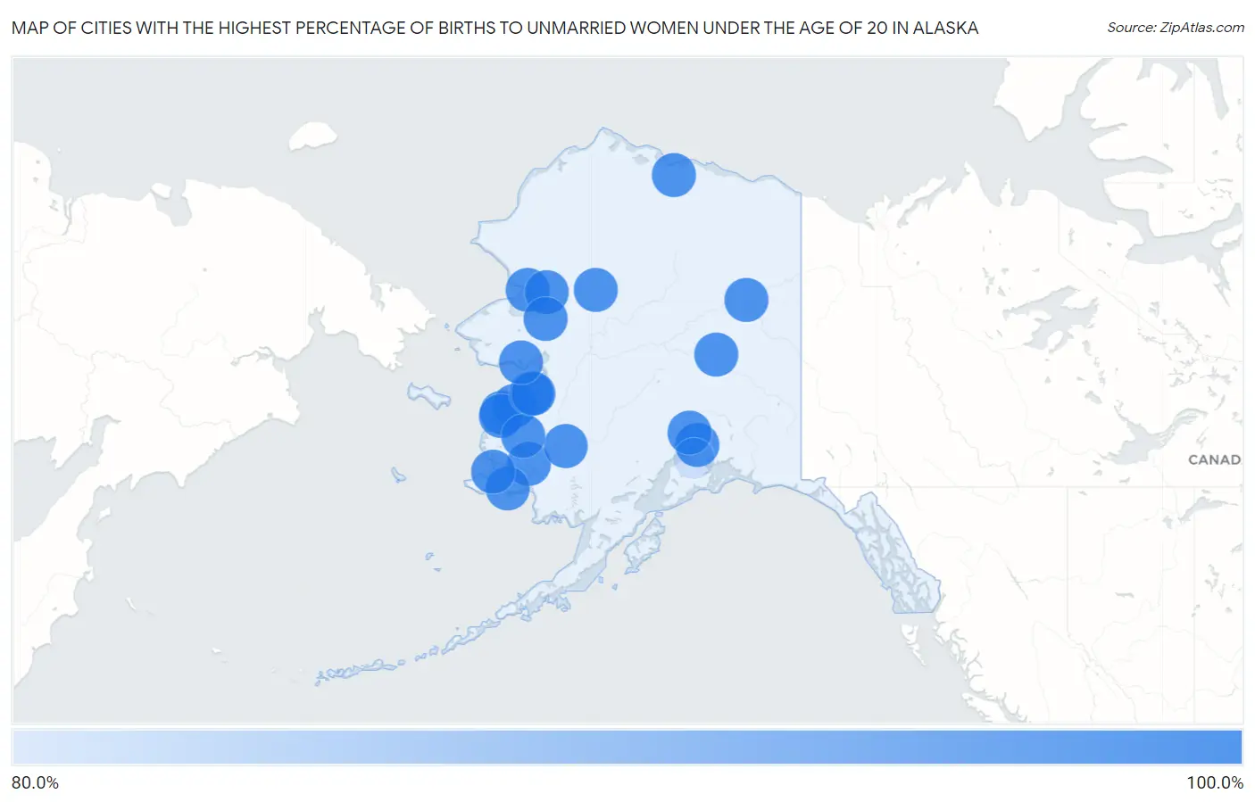 Cities with the Highest Percentage of Births to Unmarried Women under the Age of 20 in Alaska Map