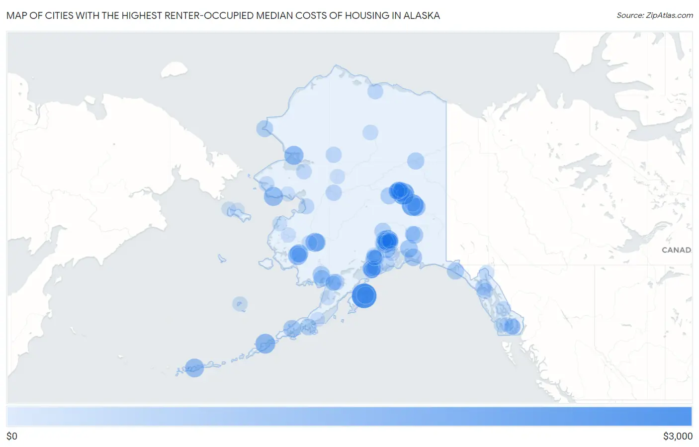 Cities with the Highest Renter-Occupied Median Costs of Housing in Alaska Map