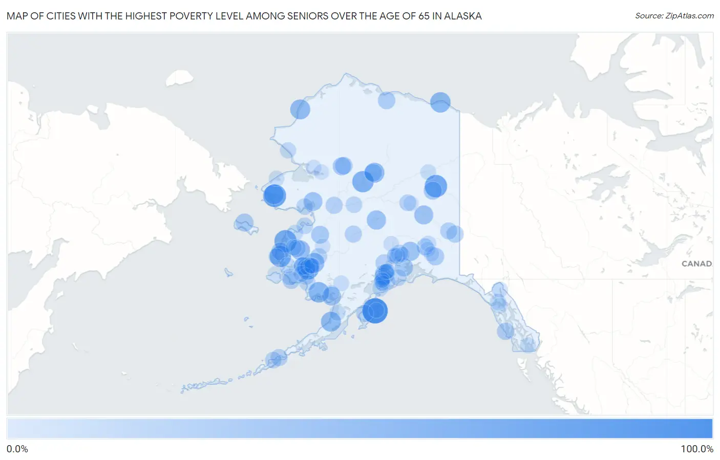 Cities with the Highest Poverty Level Among Seniors Over the Age of 65 in Alaska Map