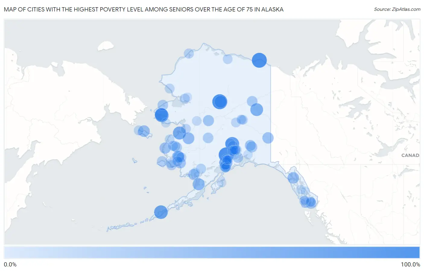 Cities with the Highest Poverty Level Among Seniors Over the Age of 75 in Alaska Map